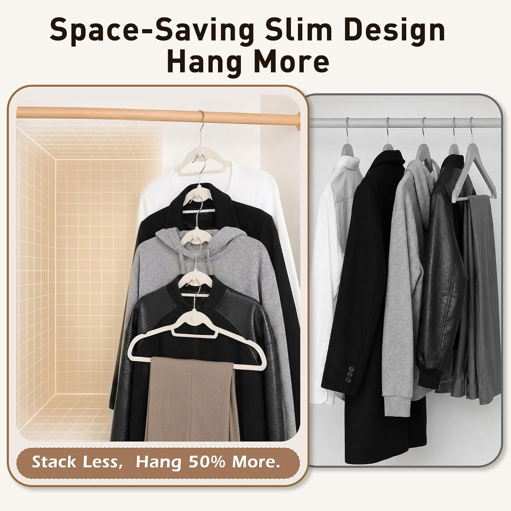 Velvet Hangers 30 Pack, Ivory Non Slip Hangers with 360° Swivel Hook | Cascading Hooks; Thin Space Saving Heavy Duty