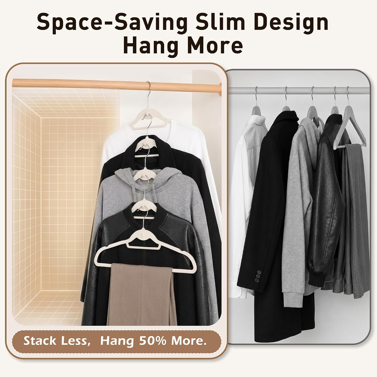 Velvet Hangers 30 Pack, Ivory Non Slip Hangers with 360° Swivel Hook | Cascading Hooks; Thin Space Saving Heavy Duty