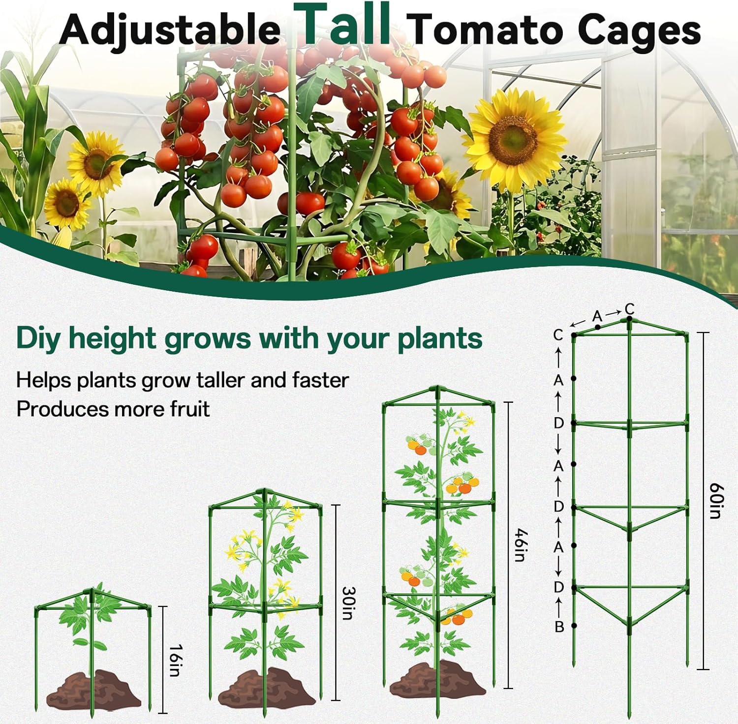 3 Pack Tomato Cages for Graden 60 Inch, Adjustable Metal Tall Heavy Duty Tomato Trellis Plant Support, Tomatoes