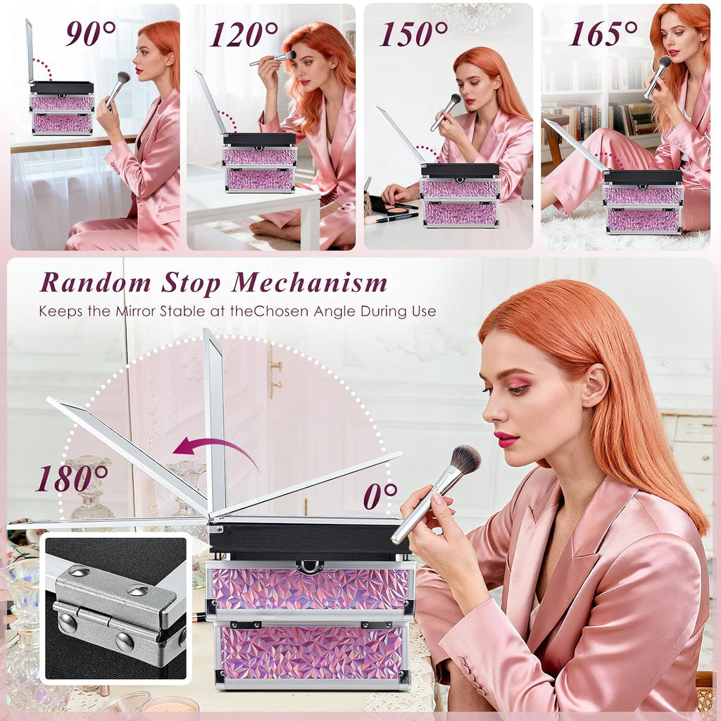 Makeup Case Organizer Cosmetic Box Storage Portable Makeup Train Case with Mirror 2 Trays Travel Vanity Box for