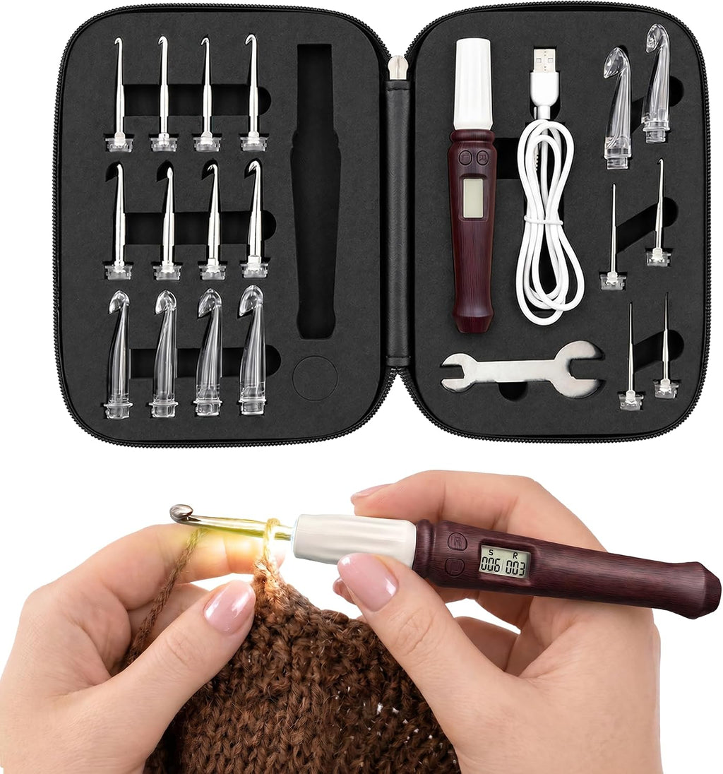 Counting Crochet Hooks, Light-Up Crochet Hook Set with Case | 18 In 1 Interchangeable, Ergonomic Handle, Digital