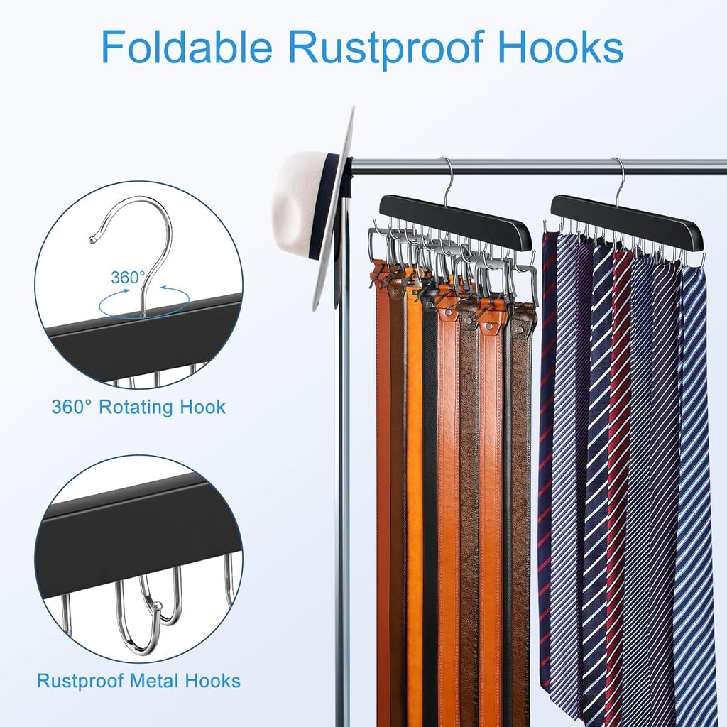 Belt Hanger for Closet Max 42 Belts, Sturdy Wood Belt Rack Closet Accessories with 14 Hooks Belt Organizer for Closet