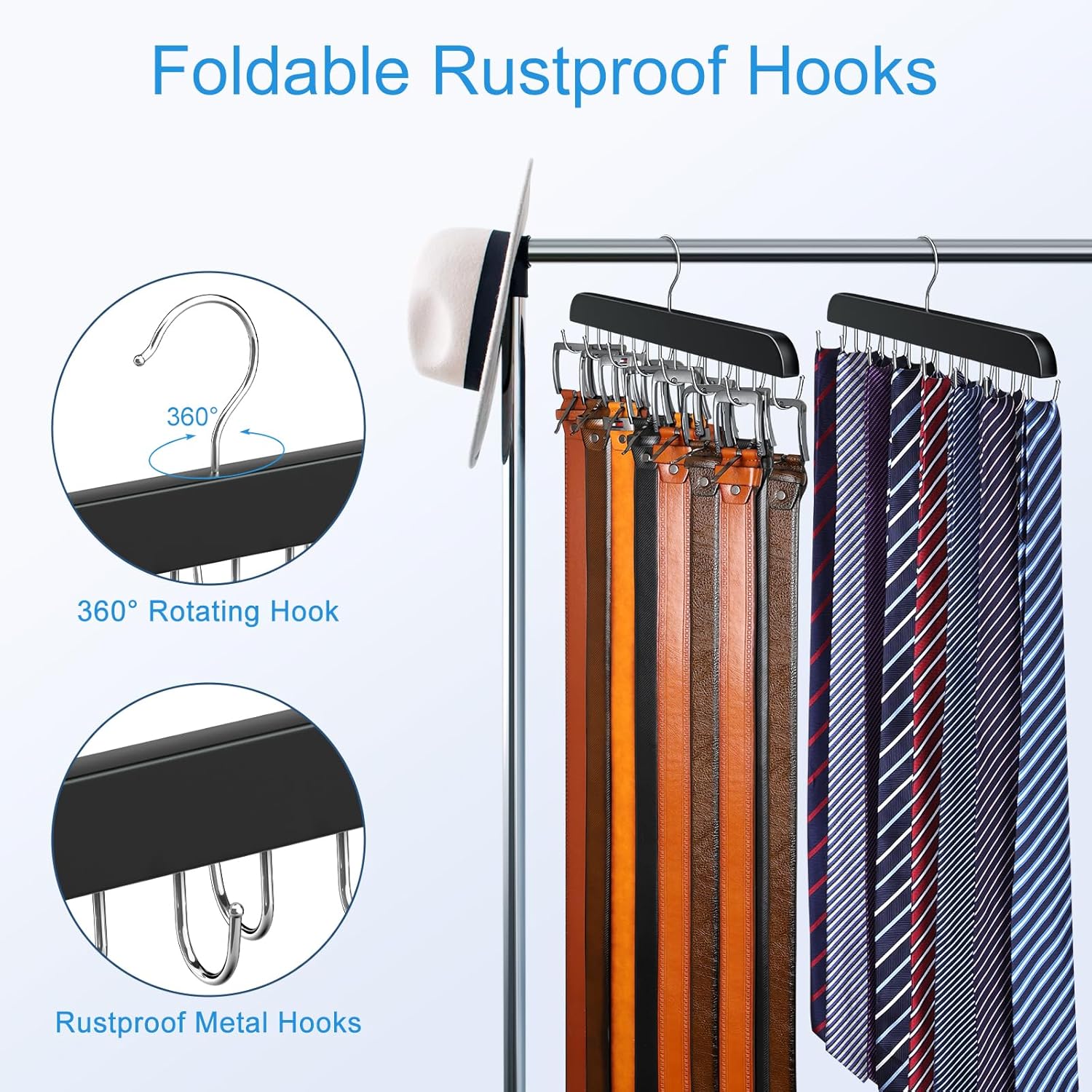 Belt Hanger for Closet Max 42 Belts, Sturdy Wood Belt Rack Closet Accessories with 14 Hooks Belt Organizer for Closet