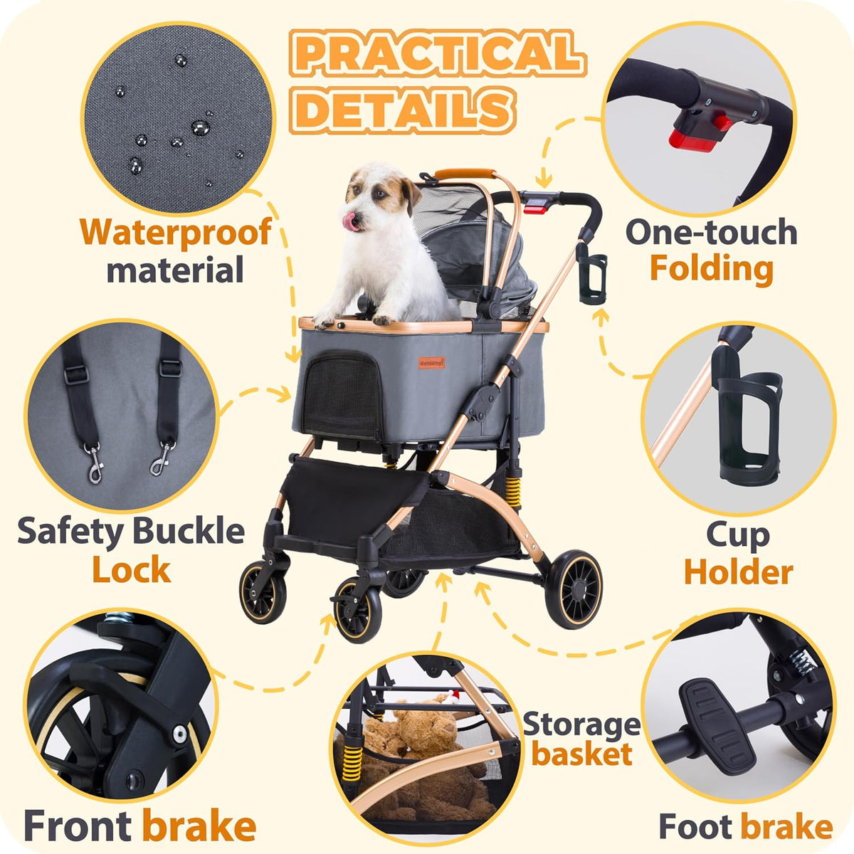 Pet Stroller for Small Dogs Cats, 6 Shock Absorption System