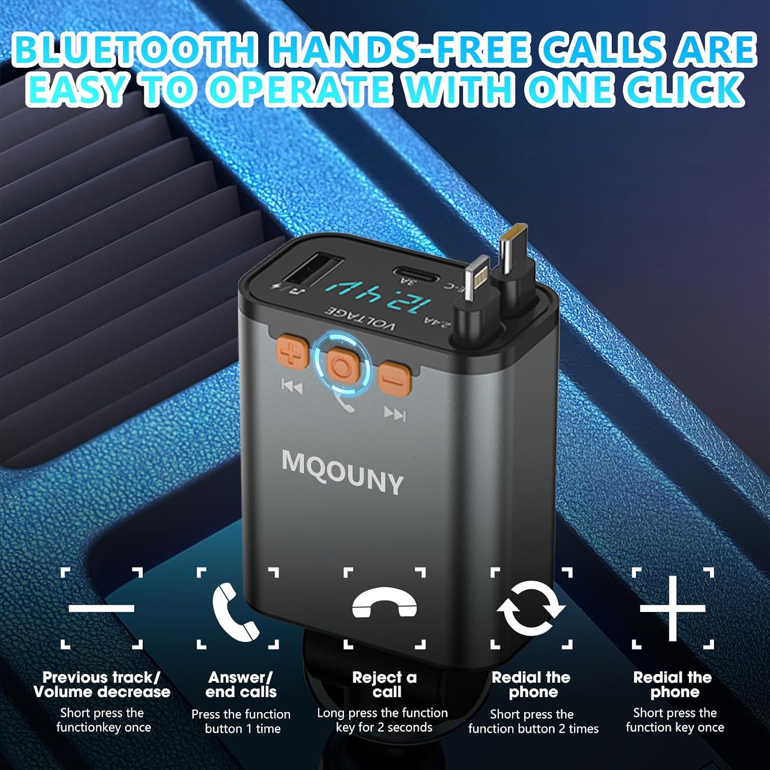 Retractable Car Charger,5 in 1 Fast Cars Phone Charger 60w,Bluetooth 5.3 FM Transmitter Adapter,Handsfree Call,MP3