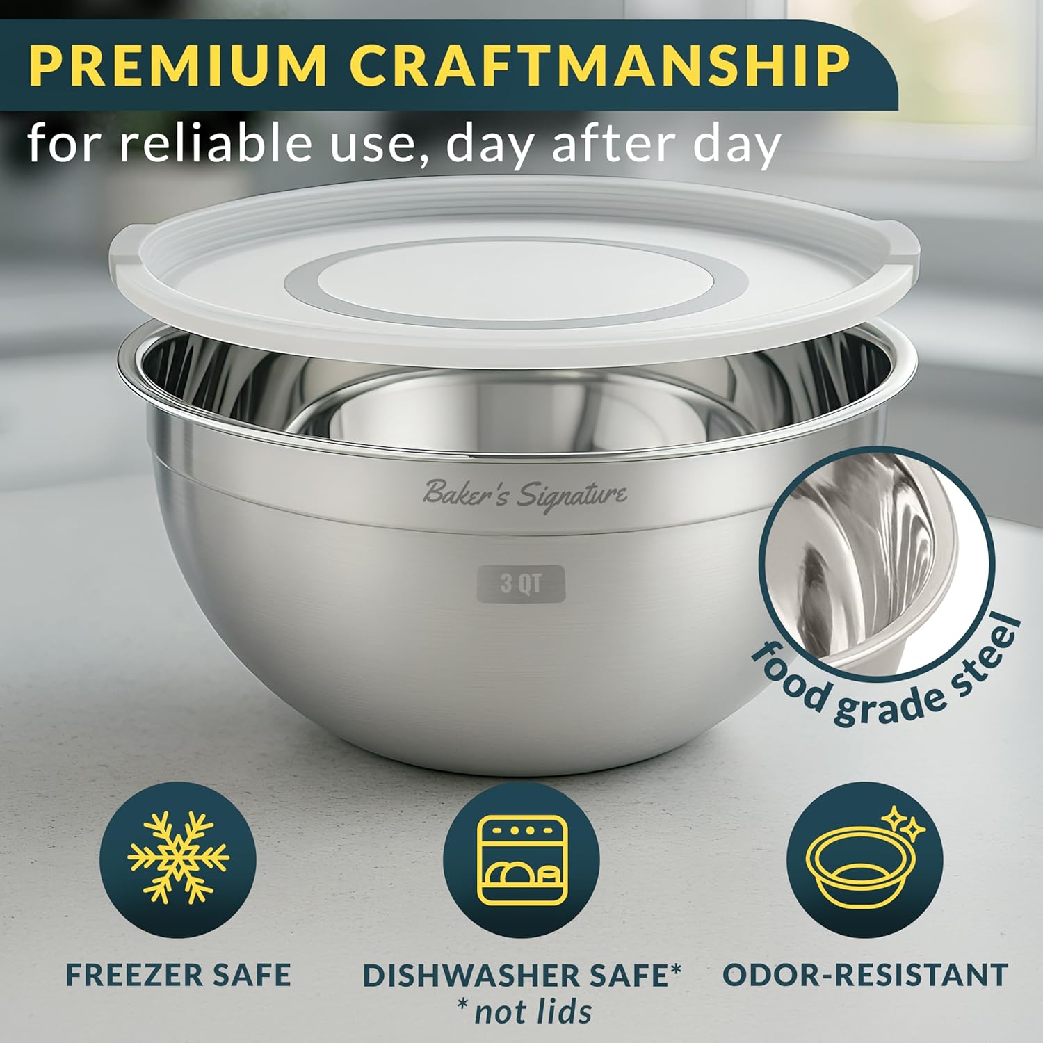 Stainless Steel Mixing Bowls With Lid, Metal Mixing Bowl Set Of 3, Nesting Set For Food Prep, Baking,Storage