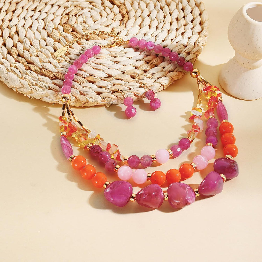 3 Layer Statement Chunky Beaded Necklace Fashion Costume Jewelry Set for Women Gifts (NK-10788)