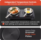 Double Cast Iron Burner, 1500W Hot Plate, Adjustable Temp