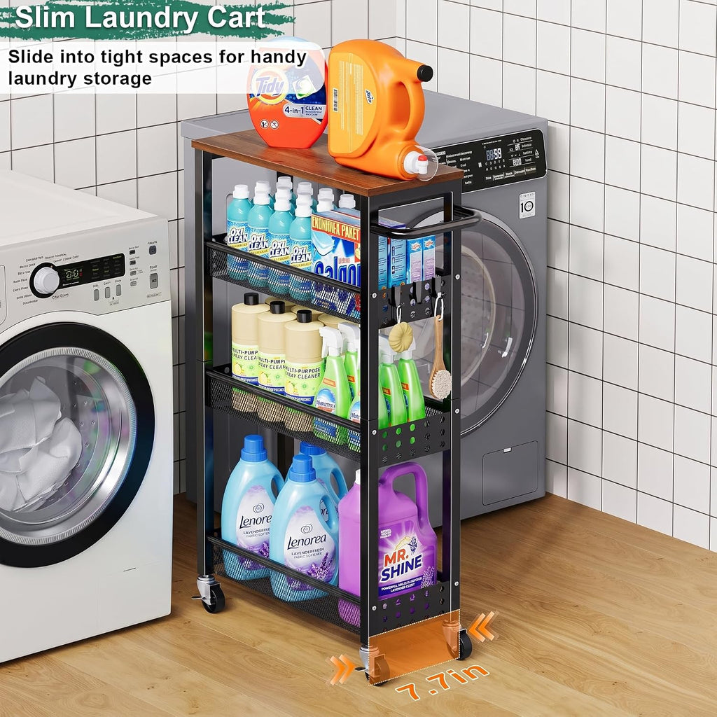 Utility Slim Rolling Cart with Table Top, Narrow Laundry Room Organization and Storage Shelves for Between Washer and
