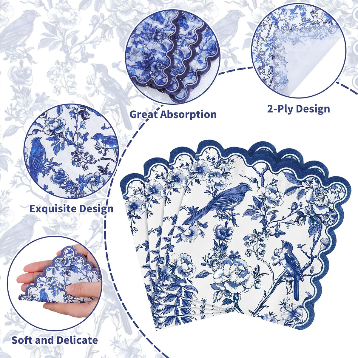 100 Pcs Blue Floral Napkins, 5 x 5 In Scalloped Cocktail Napkins