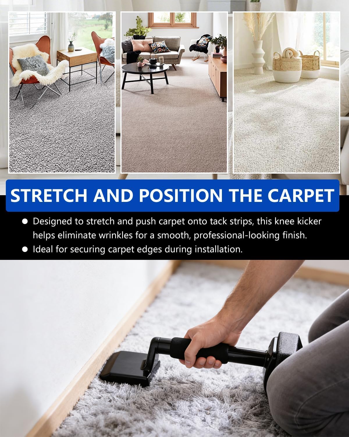Carpet Knee Kicker Tool Kit with Carpet Tucker, Stretcher Tools for Carpet Stretching and Tucking with Anti-slip