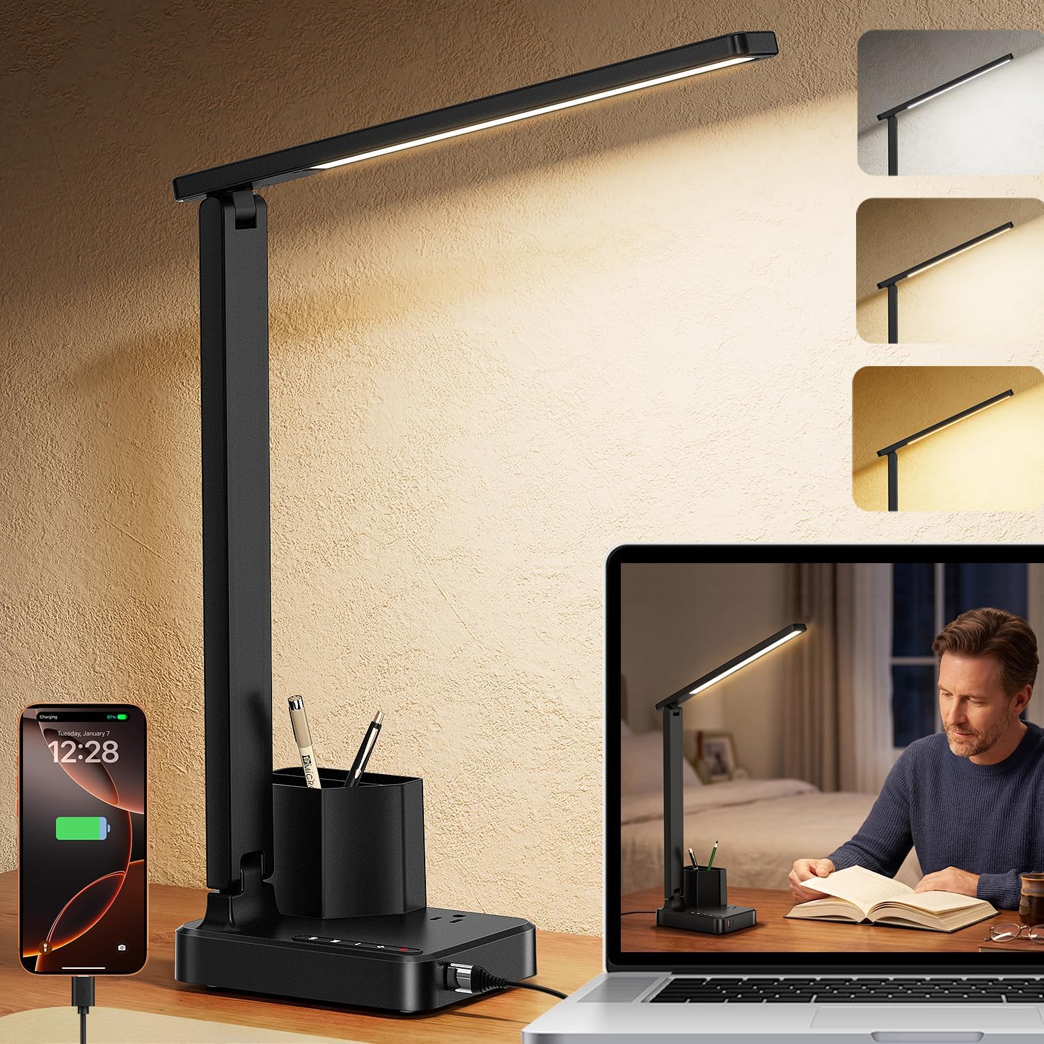 LED Desk Lamp USB A/C AC Pen Holder Dorm Home Office Desk Light Black | Adjustable LED Desk Light with USB A/C, AC