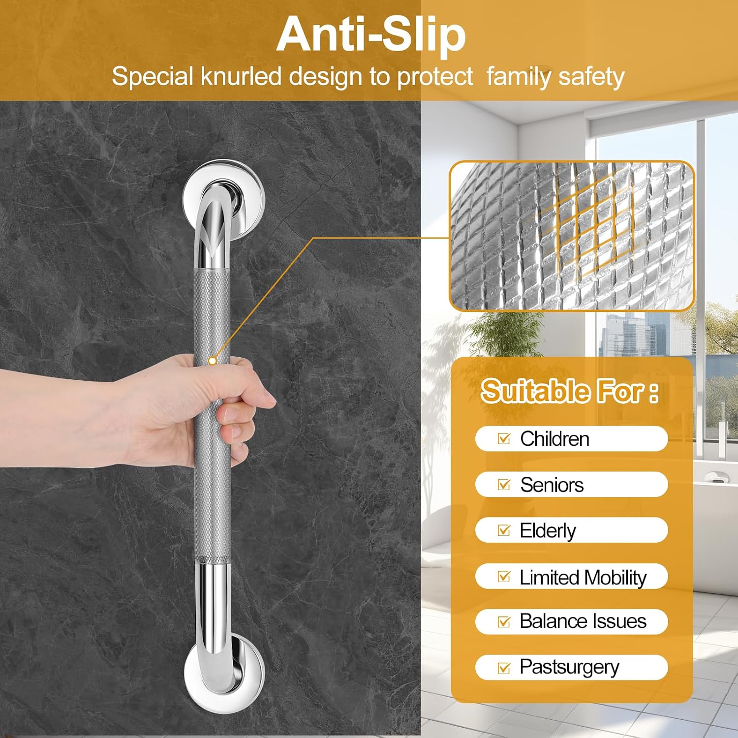 3 Packs Shower Grab Bars for Bathroom, 2 x 16 Inch & 1 x 12 Inch Safety Handicap Grab Bars for Wall, Anti-Slip Shower