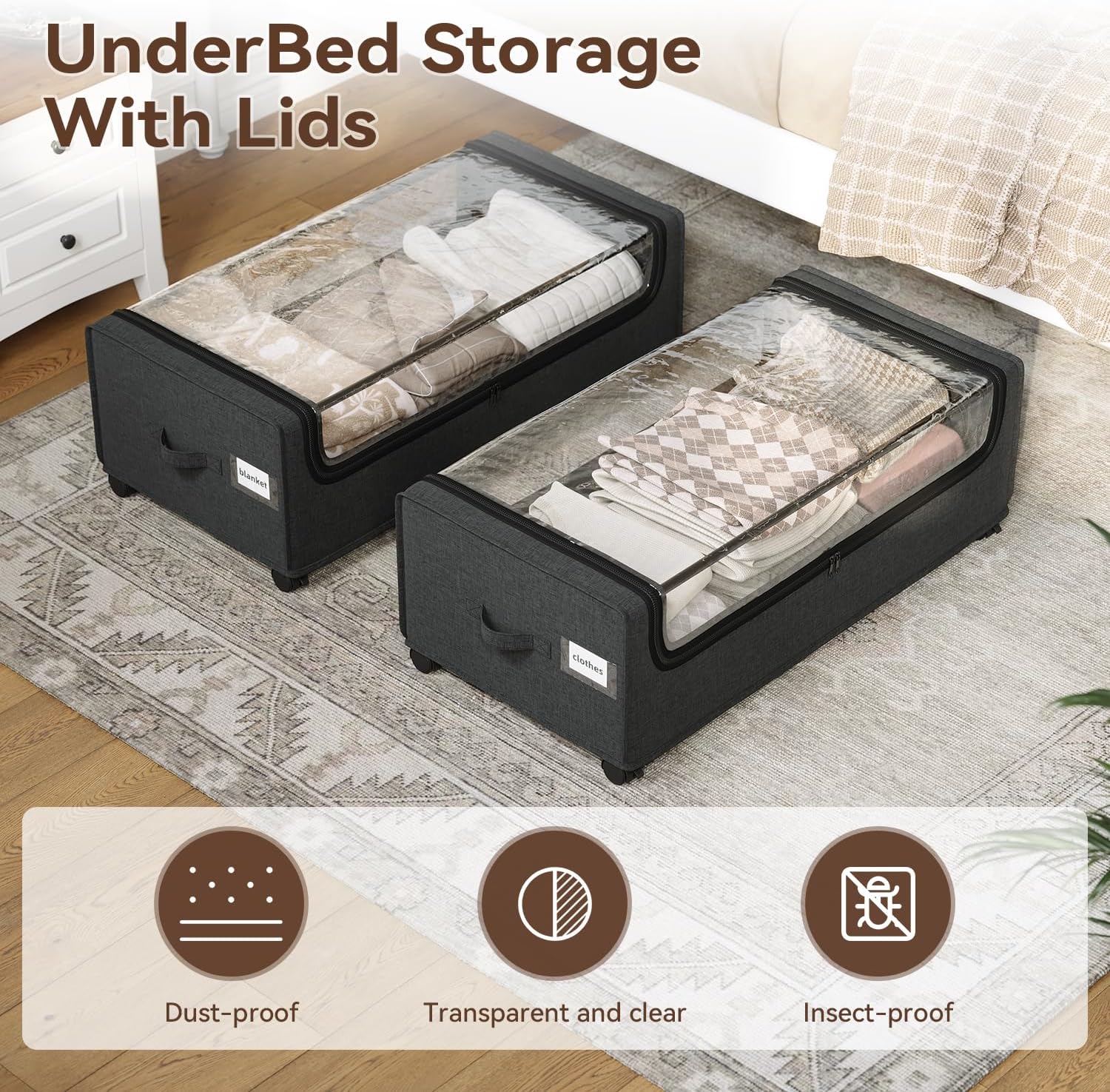 Under Bed Storage With Wheels, XXXXL Large Underbed Storage Organizer, 90L Capacity