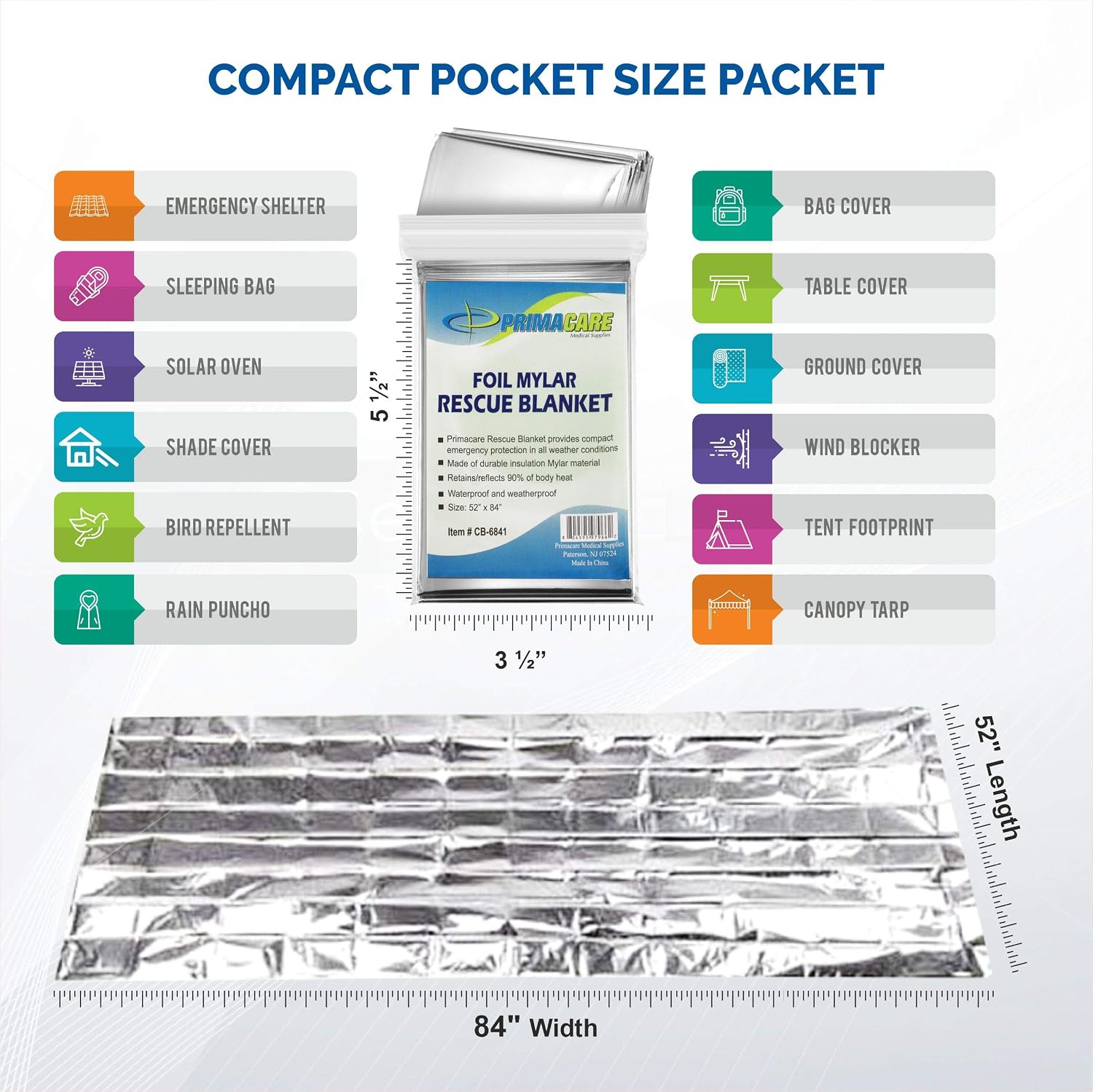HB-10 Emergency Mylar Thermal Blankets – 10 Pack, 84" x 52", Silver – Reflective, Waterproof, Retains 90% Body Heat –