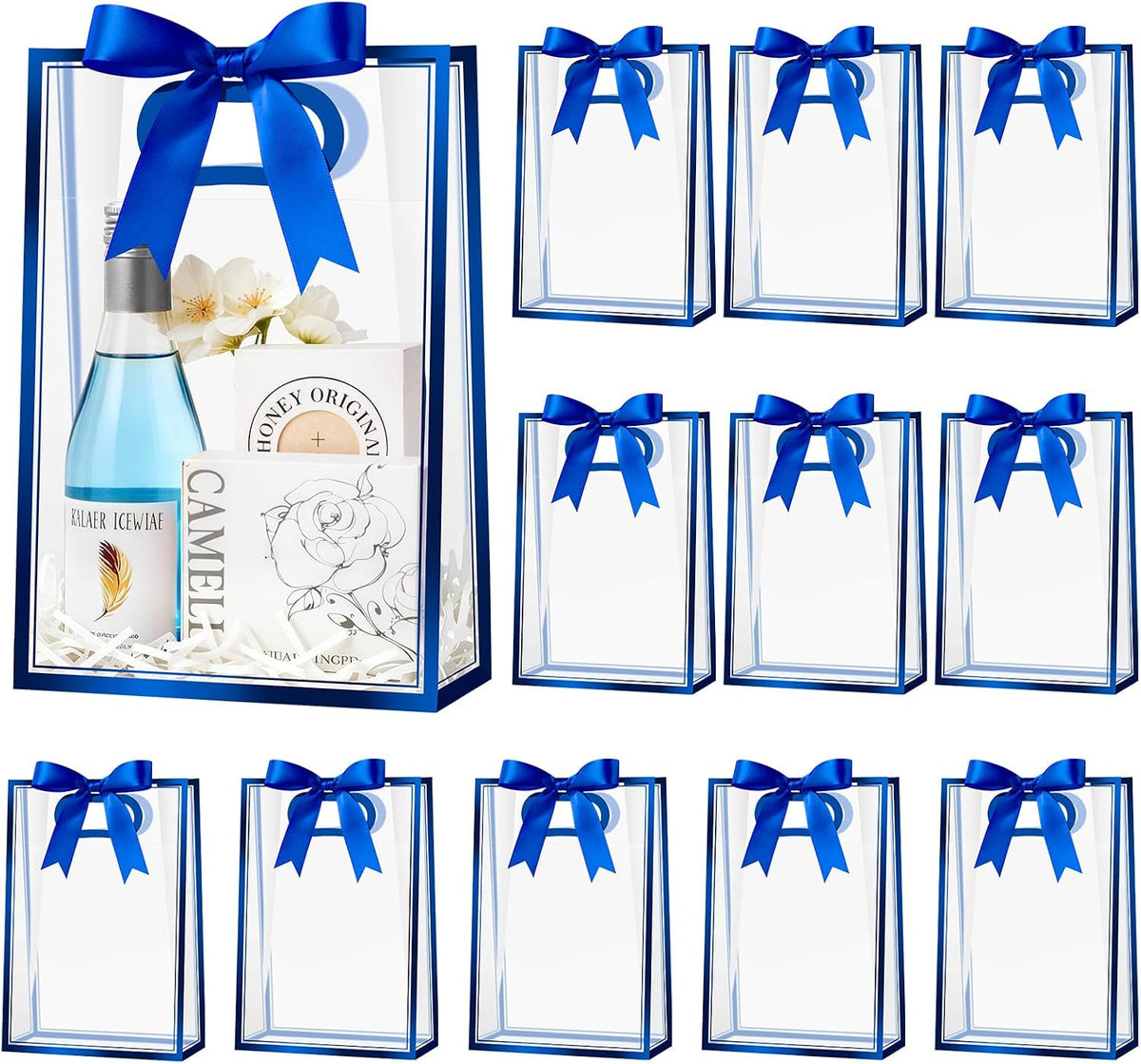 12 PCS Clear Plastic Gift Bags with Handles, Royal Blue