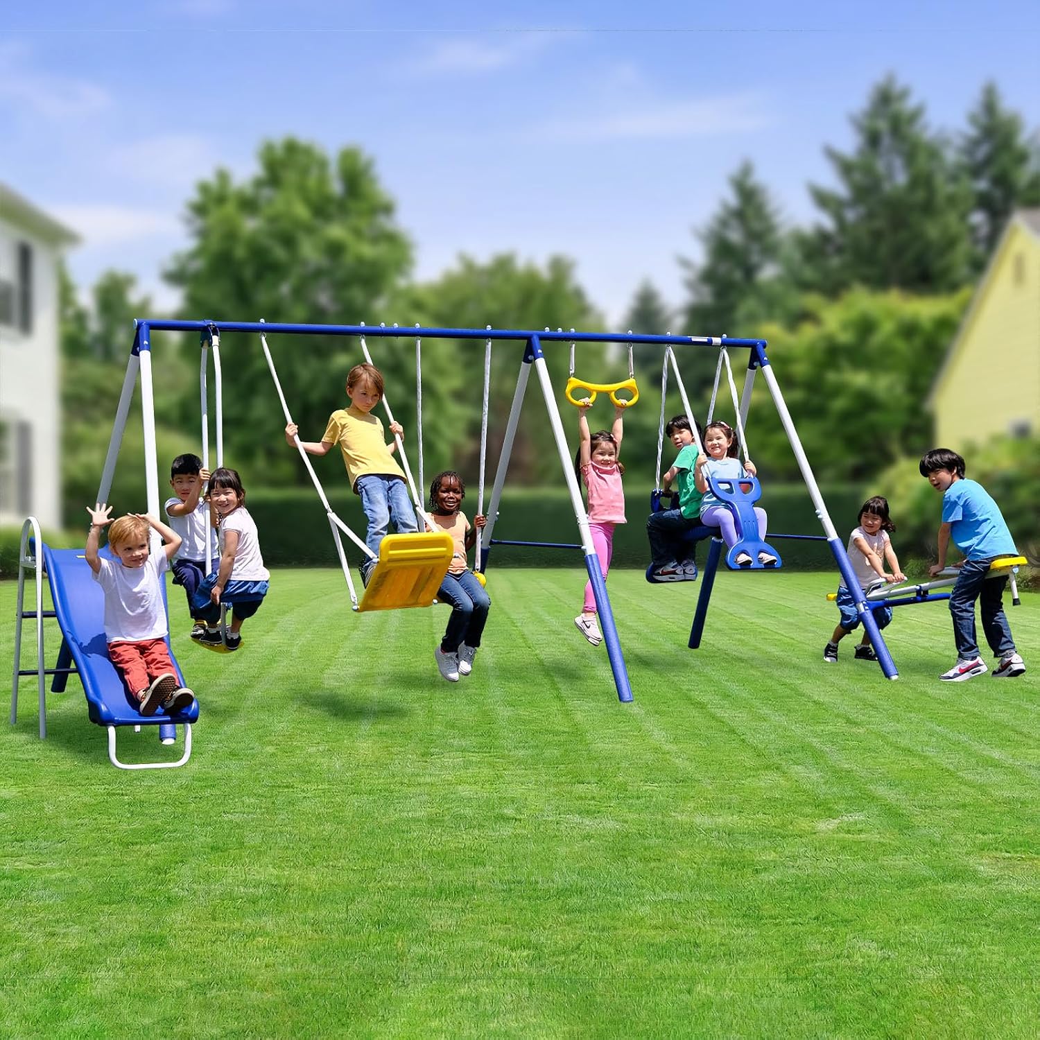 Super 9 Metal Swing Set for Outdoor Backyard Play: Teeter Totter, Glide Ride, Roman Glider, Standing Swing, Trapeze