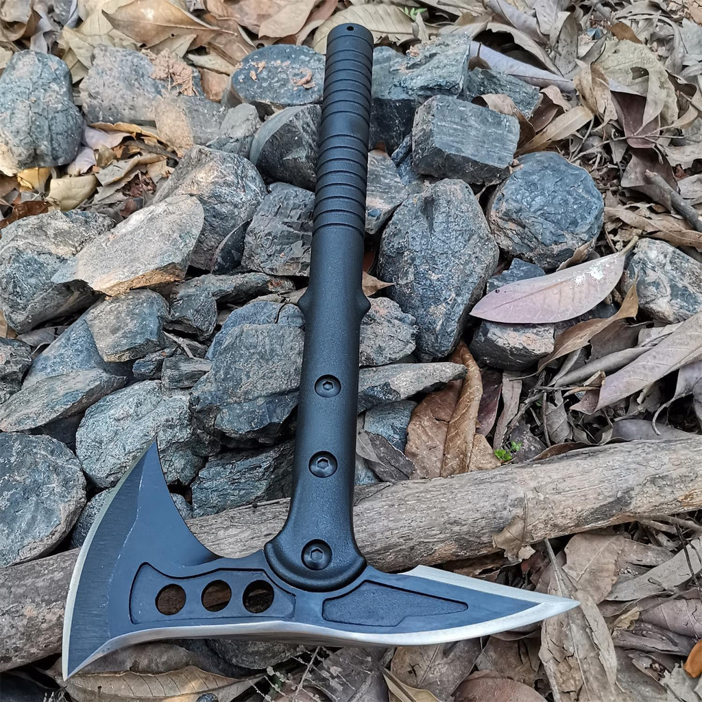 15.1" Camping Axe, Survival Throwing Hatchet with Sheath, Tactical Tomahawk with Spike, Nylon Fiber Handle for