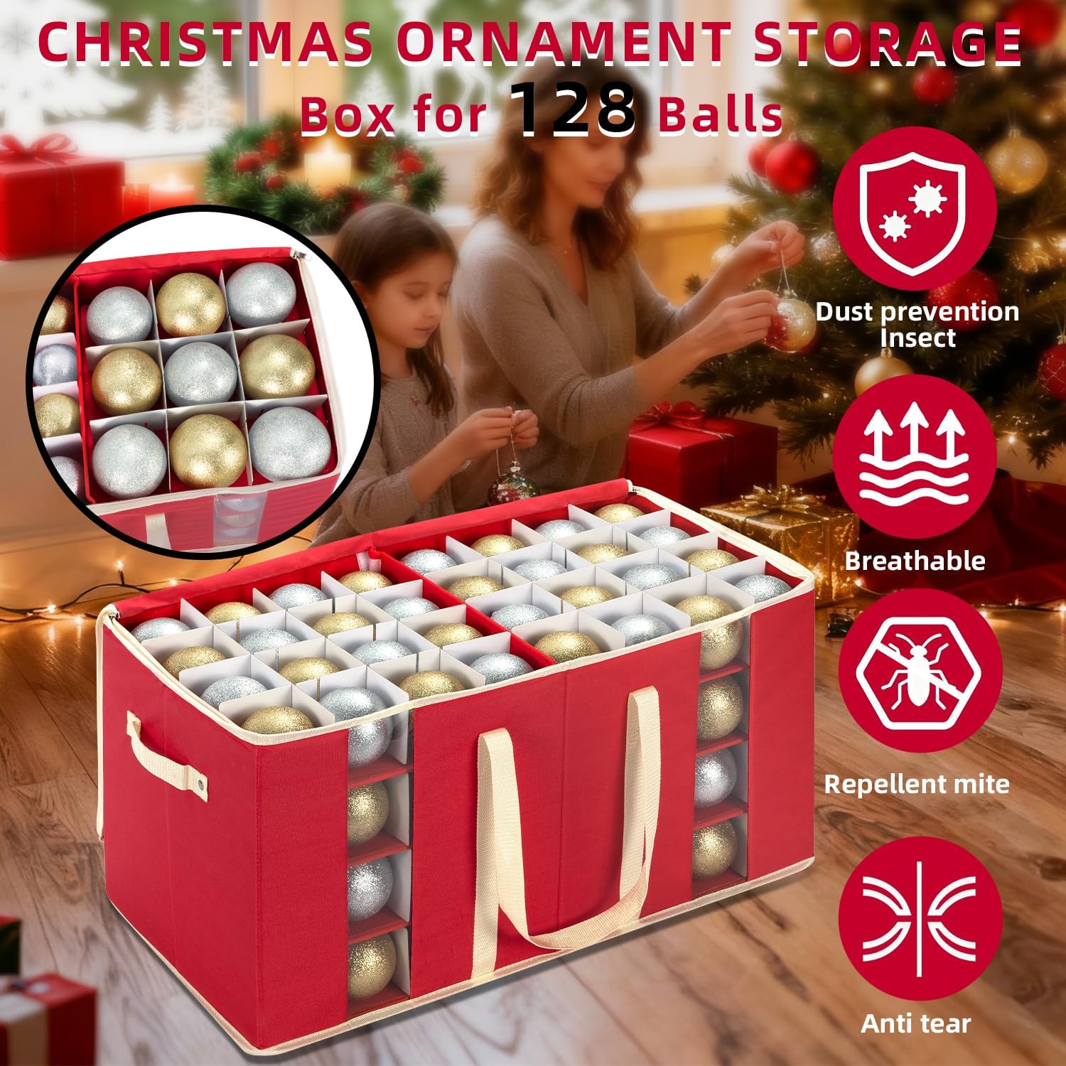Large Christmas Ornament Storage Box With Adjustable Dividers,Ornament Storage Container with Two Handlesfor 128