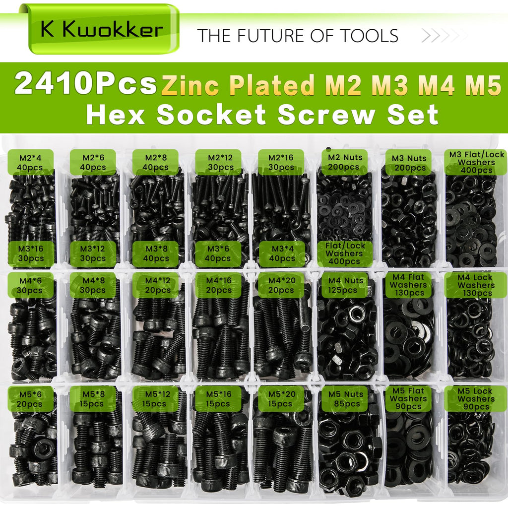 M2 M3 M4 M5 Hex Socket Bolt & Nut Assortment Kit, 2410Pcs