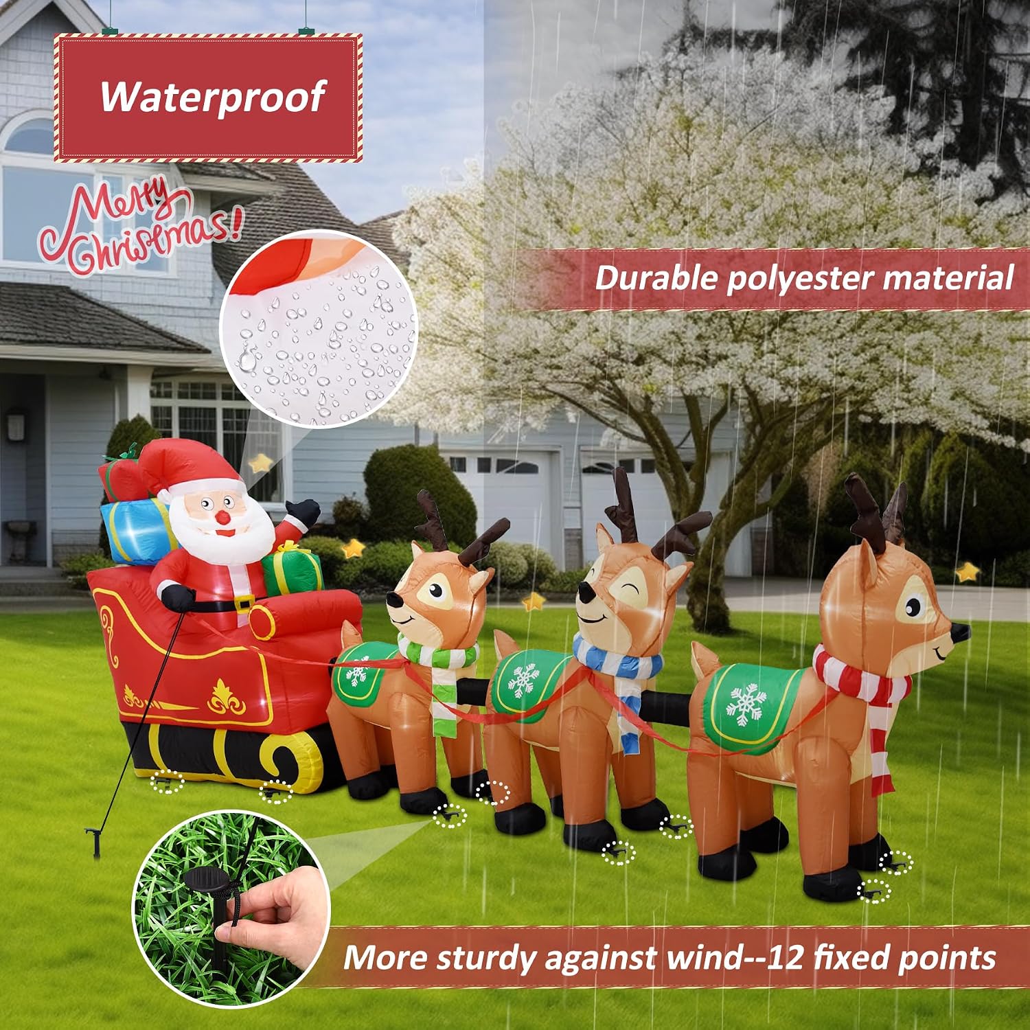 12 Ft Christmas Inflatables Outdoor Decorations Giant Blow Up Yard Decorations Inflatable Santa Claus on Sleigh and 3