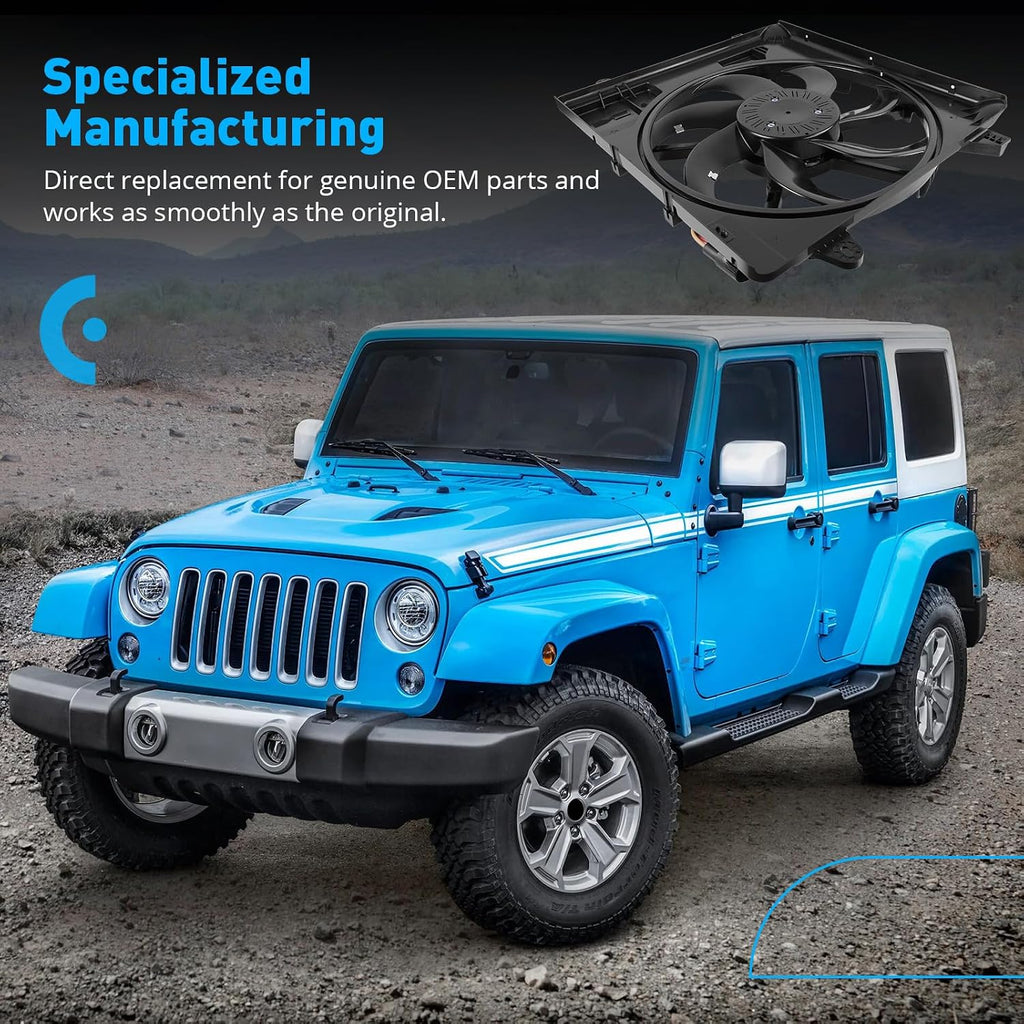 621-601 Engine Cooling Radiator Fan Assembly, Fits for JEE-p Wrangler 2012-2017, for Wrangler JK 2018, Replace 68143894AA 68143894AB 6010277 624080 CF13078