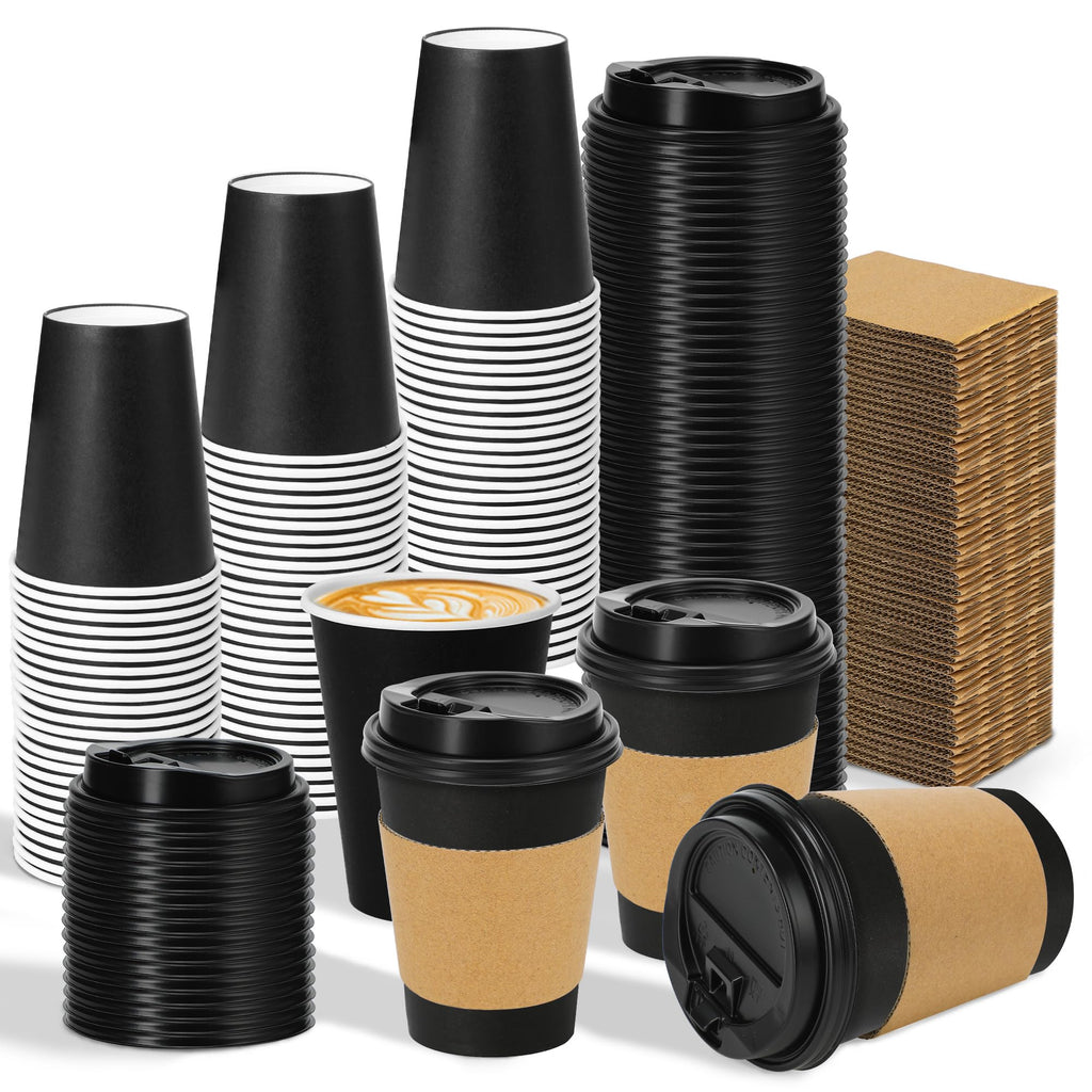 500 Pack 12 oz Disposable Coffee Cups with Lids and Sleeves(Black)