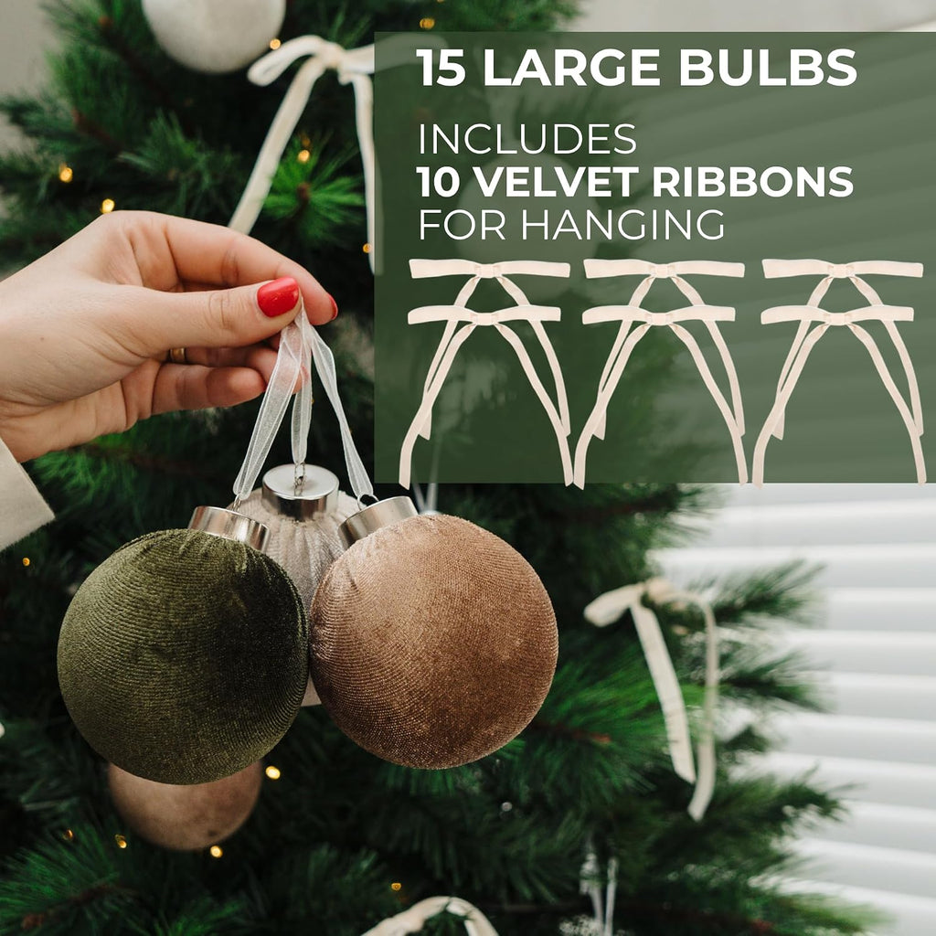Elegant Velvet Christmas Ornaments Set with 15 Shatterproof Balls & 10 Matching Velvet Bows - Complete Festive Tree
