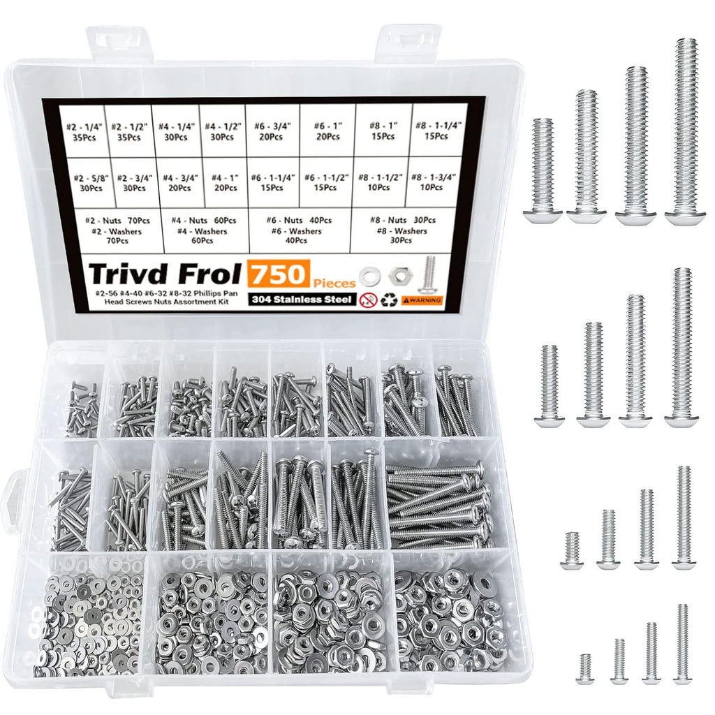 750PCS #2-56#4-40#6-32#8-32 Phillips Pan Head Screws Bolt Nut Flat Washers 304 Stainless Steel Machine Screws Nuts