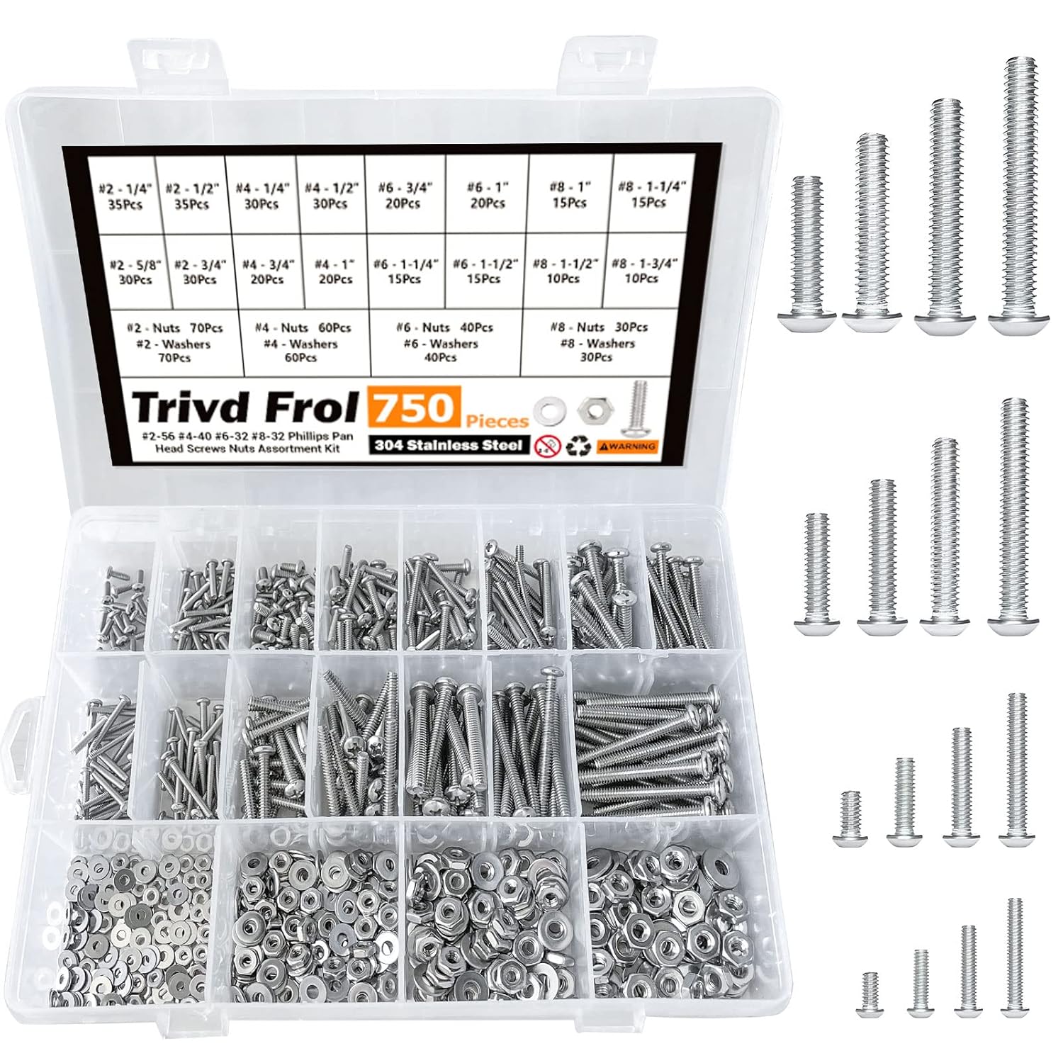 750PCS #2-56#4-40#6-32#8-32 Phillips Pan Head Screws Bolt Nut Flat Washers 304 Stainless Steel Machine Screws Nuts