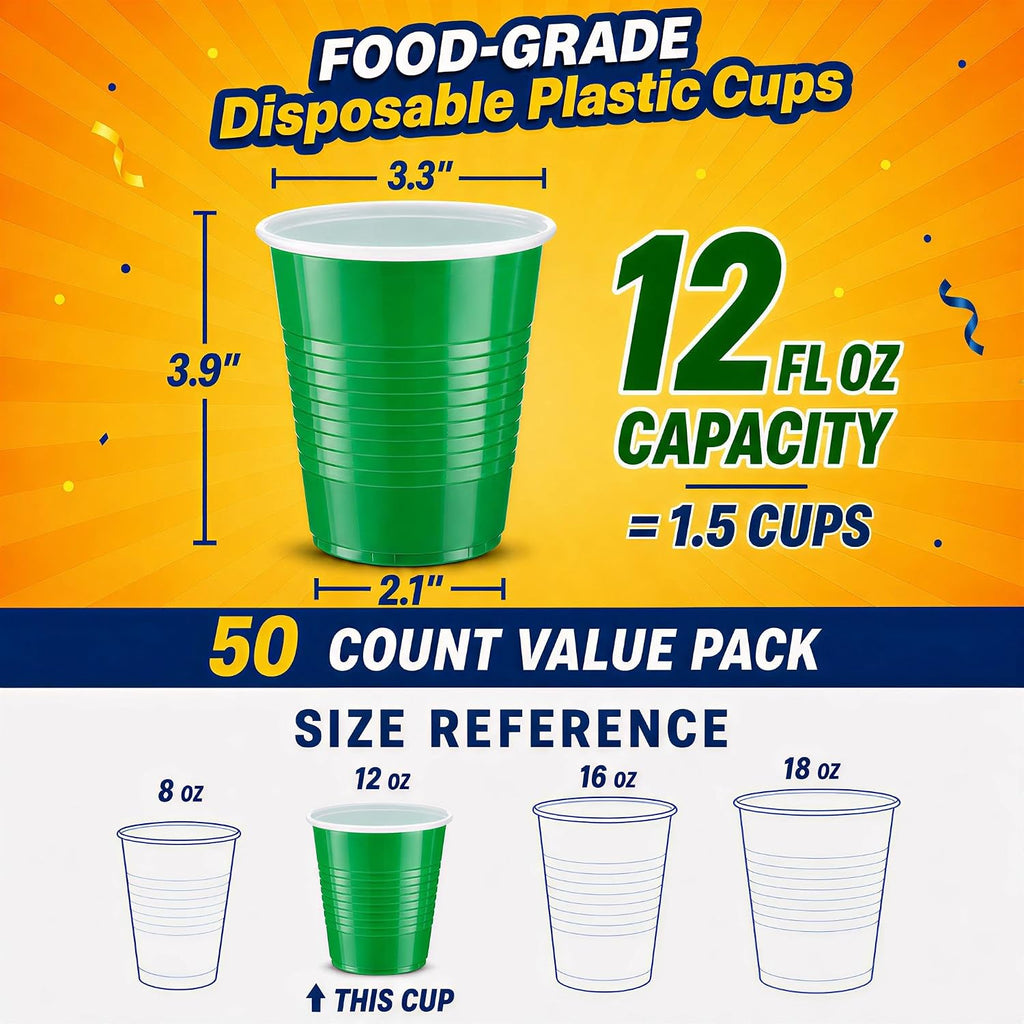 Glotoch Green Disposable Plastic Party Cups 12 oz, 50 Count