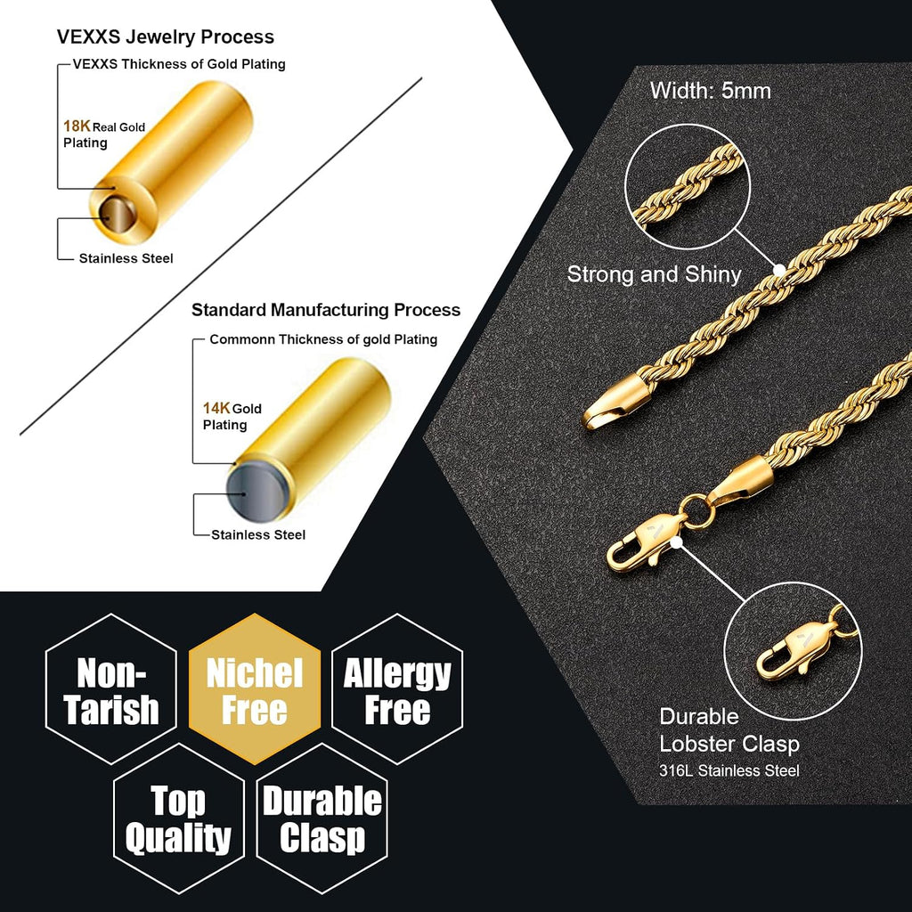 Rope Chain Bracelet for Men, 18K Real Gold Plated Men's Rope Link Bracelet, Durable No Color Fading Cuban Link