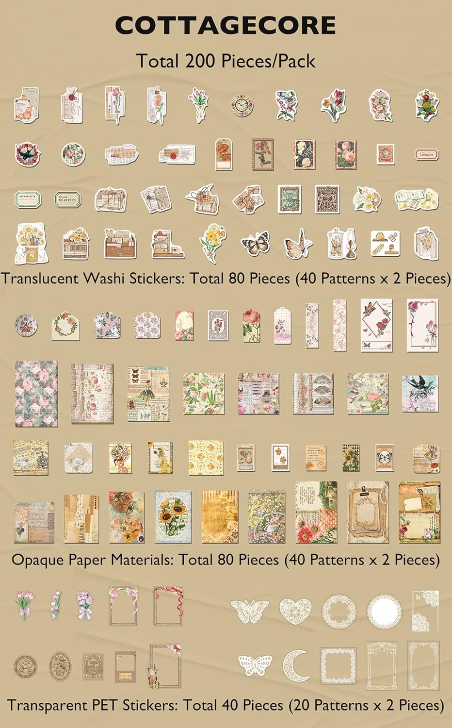 200 Piece Vintage Ephemera Bundle - Paper & Sticker Kit for Junk Journaling, Scrapbooking, Planners, Bullet Journals