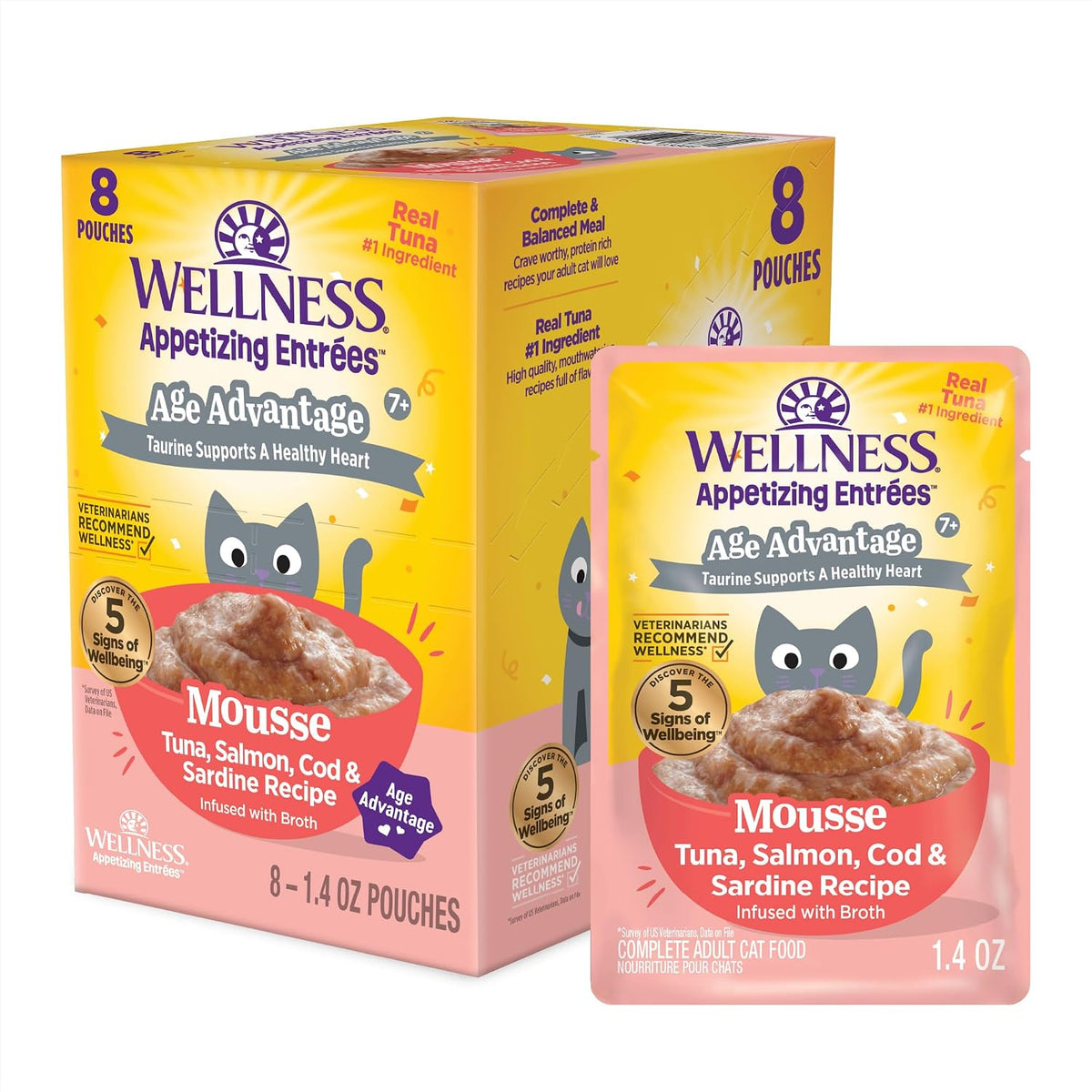 Appetizing Entrées Age Advantage Mousse Senior Wet Cat Food, Natural, Protein Rich, Grain Free, Tuna, Salmon, Cod