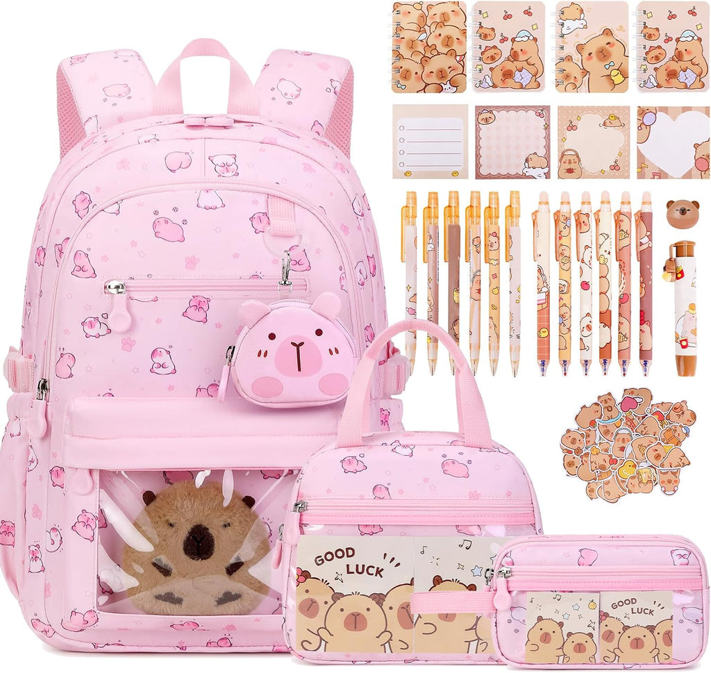 Capybara Theme Backpack for School Girls, 35PCS Kids Backpack Set with School Supplies Stationery Kit Lunch Box