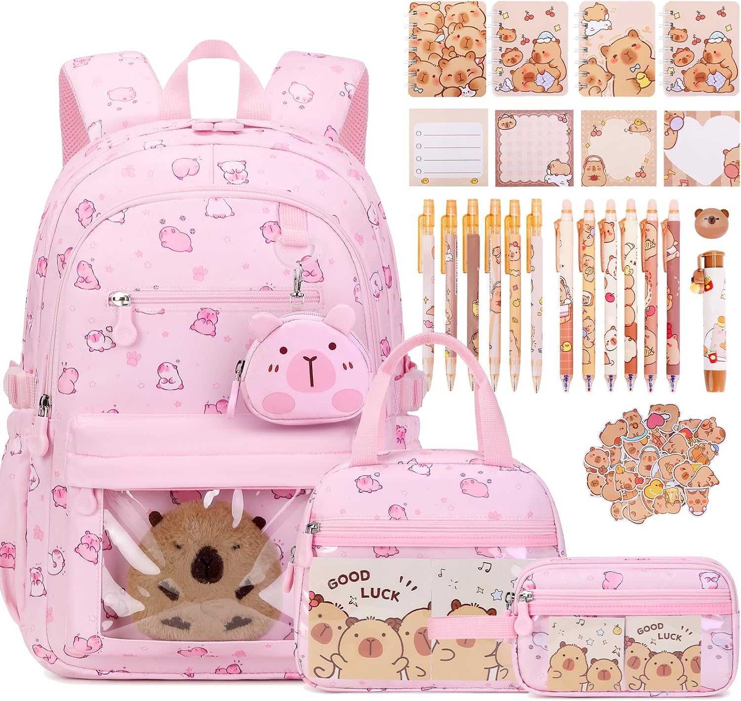Capybara Theme Backpack for School Girls, 35PCS Kids Backpack Set with School Supplies Stationery Kit Lunch Box