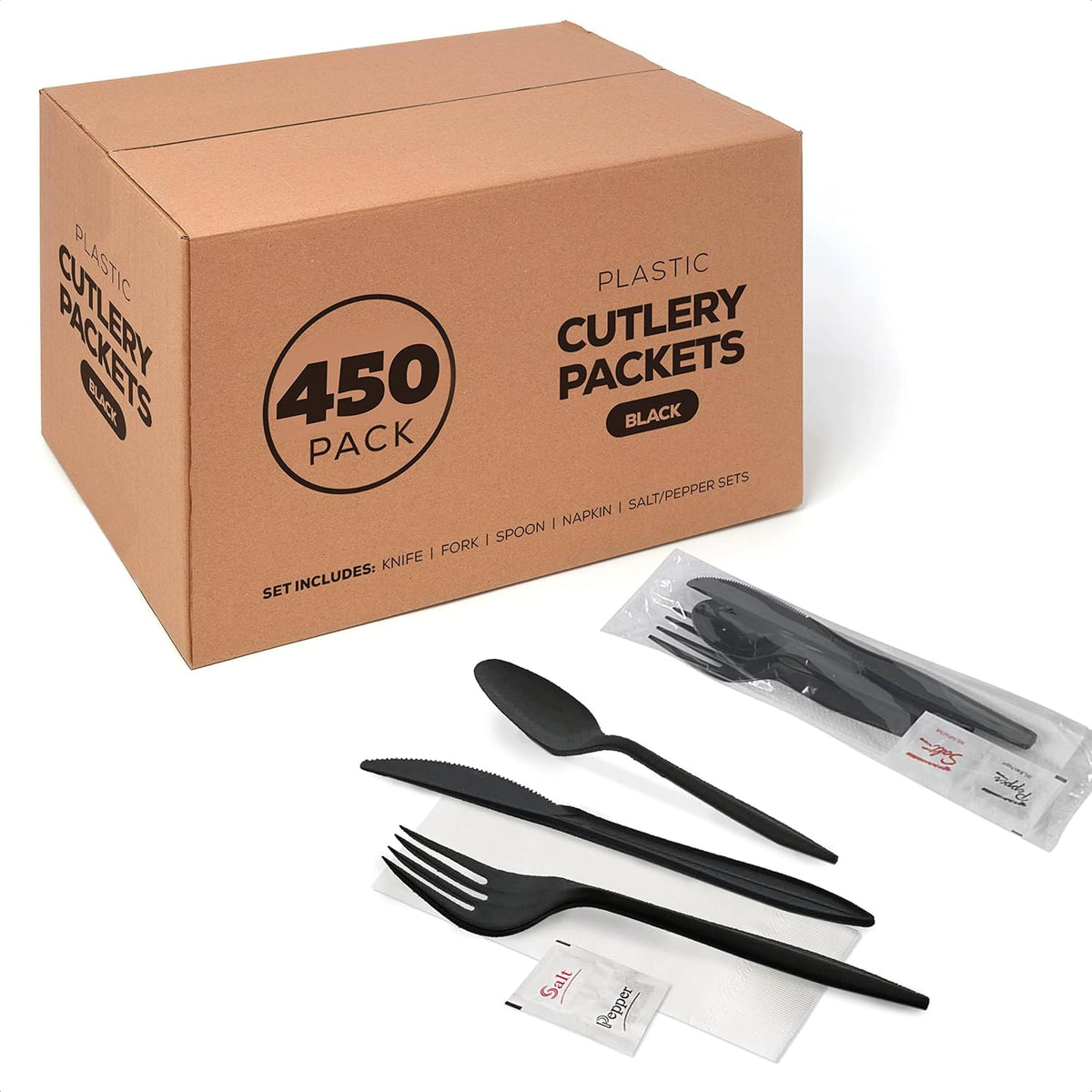 450 Plastic Cutlery Packets - Knife Fork Spoon Napkin Salt Pepper Sets | Black Plastic Silverware Sets Individually
