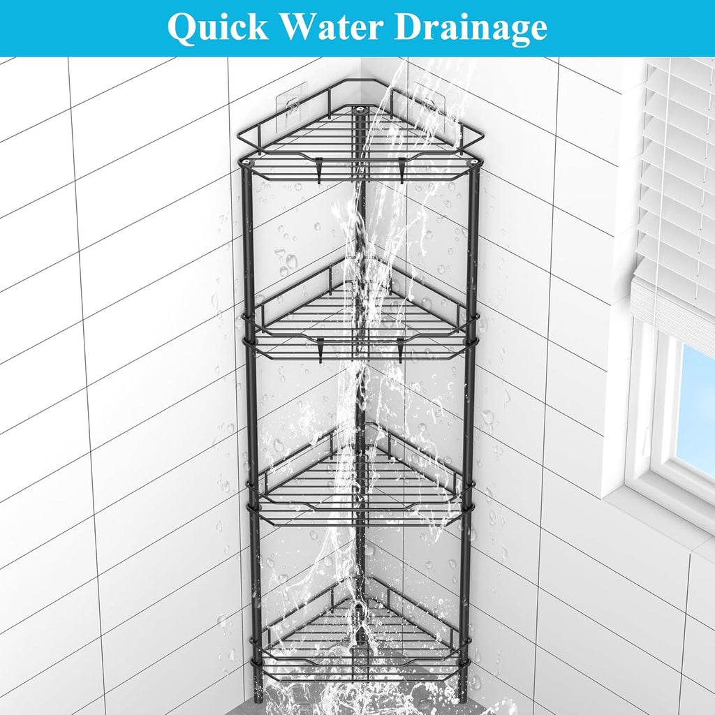 4 Tier Floor Standing Corner Shower Caddy Organizer Shelf with Hooks, Bathroom Shelves Stand Rack, Black | Adhesive