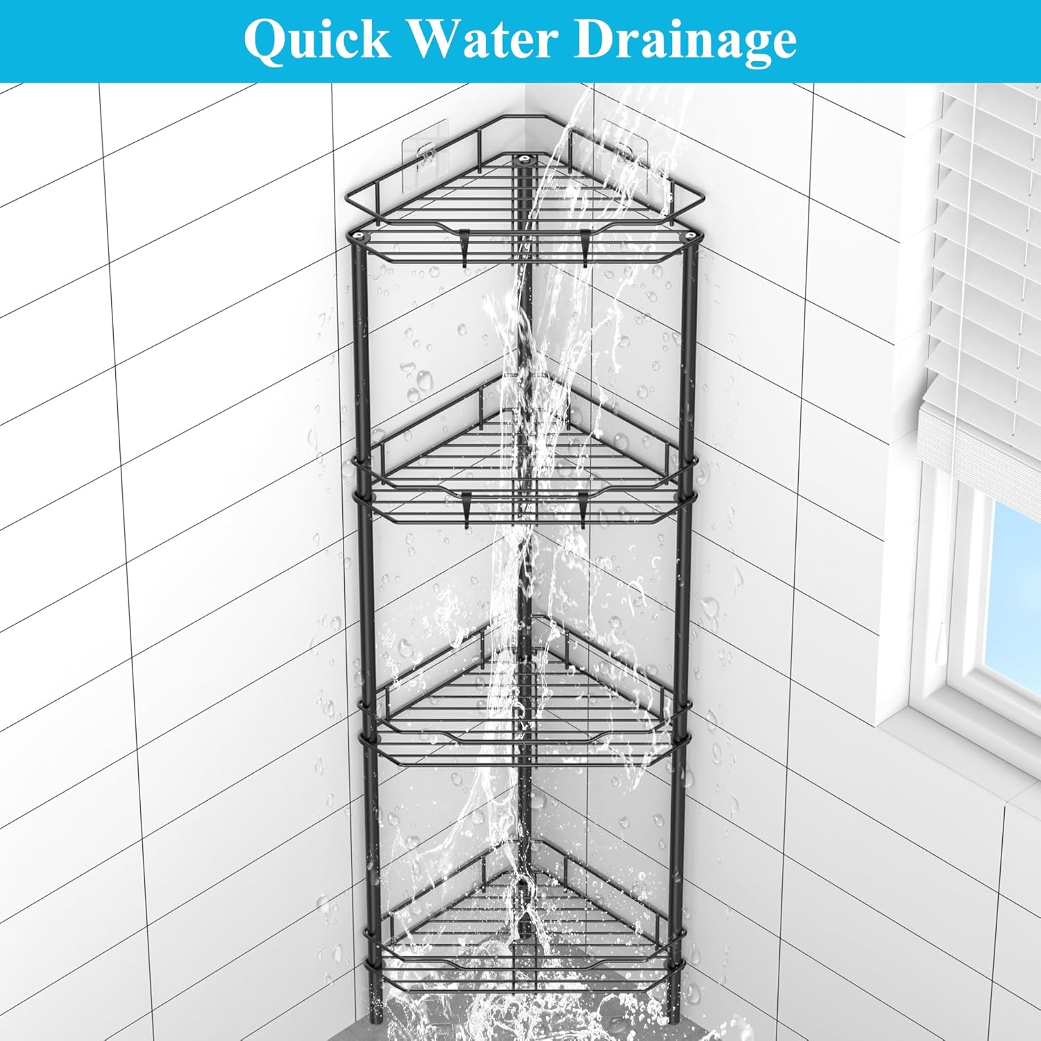 4 Tier Floor Standing Corner Shower Caddy Organizer Shelf with Hooks, Bathroom Shelves Stand Rack, Black | Adhesive