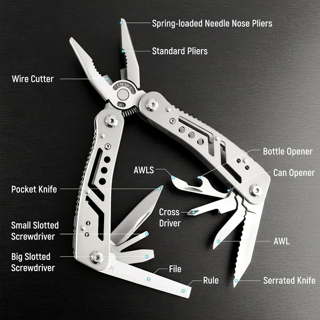 14-In-1 EDC Multitool Pliers with Nylon Sheath for Survival | Stainless Steel Multi Pliers, Pocket Knife, Bottle