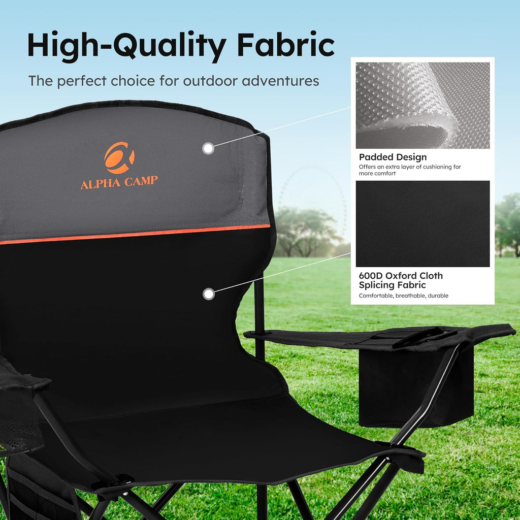 2-Pack Folding Camping Chair with Cooler Bag & Lumbar Support | Durable steel frame & Oxford fabric. Features 4-can