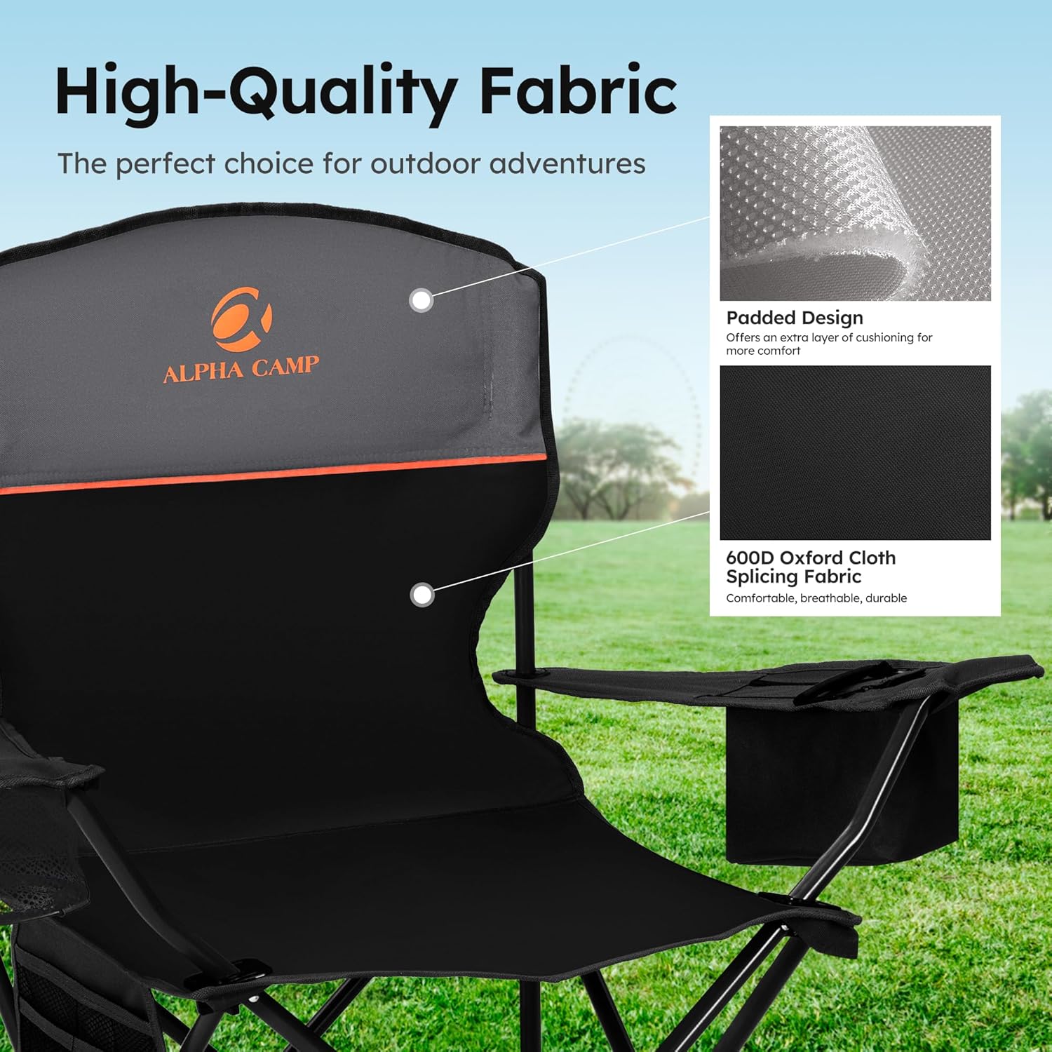 2-Pack Folding Camping Chair with Cooler Bag & Lumbar Support | Durable steel frame & Oxford fabric. Features 4-can