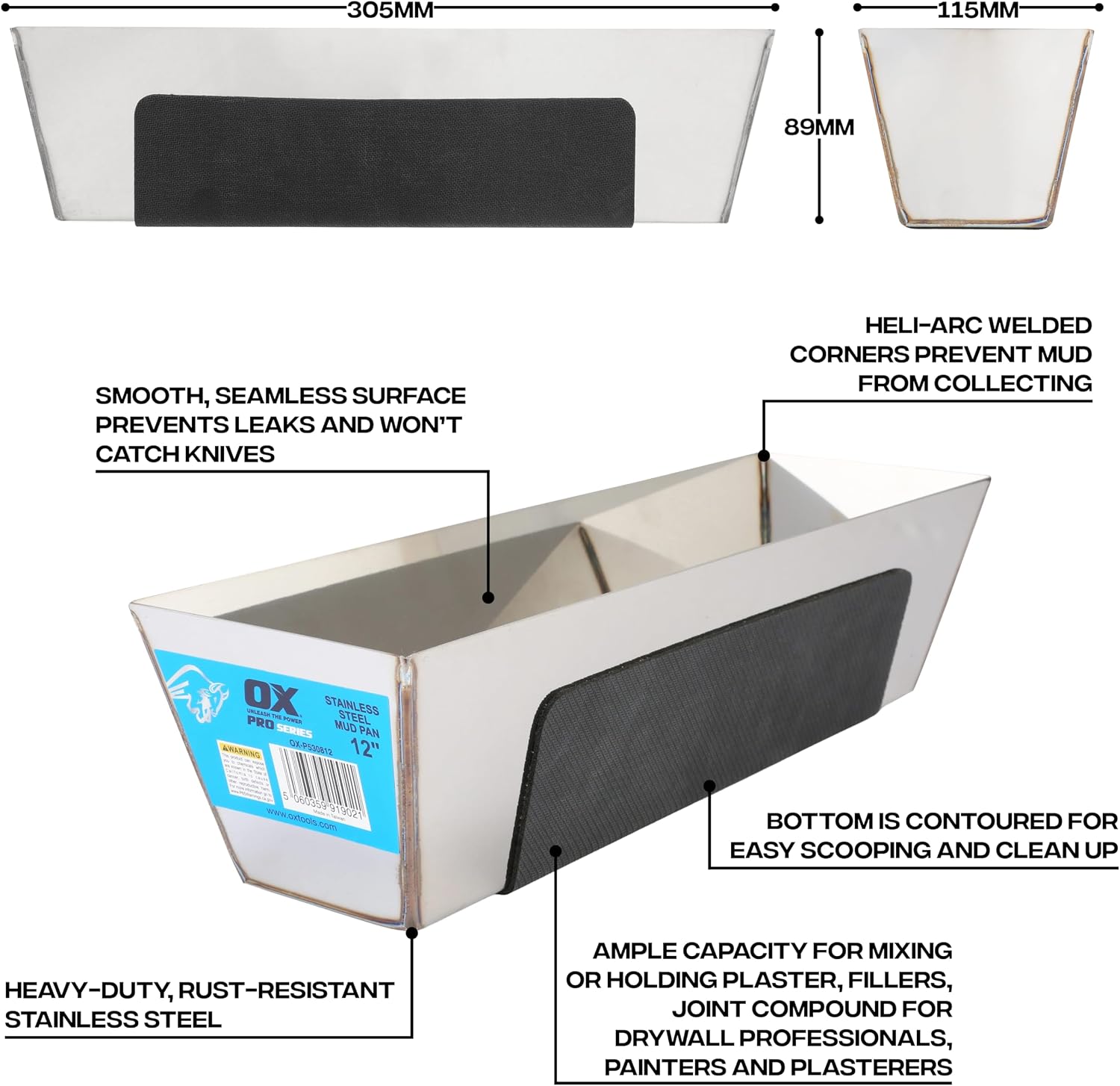 Pro 12 in Stainless Steel Mud Pan for Drywall Finishing | Heavy-duty stainless steel, contoured bottom for easy
