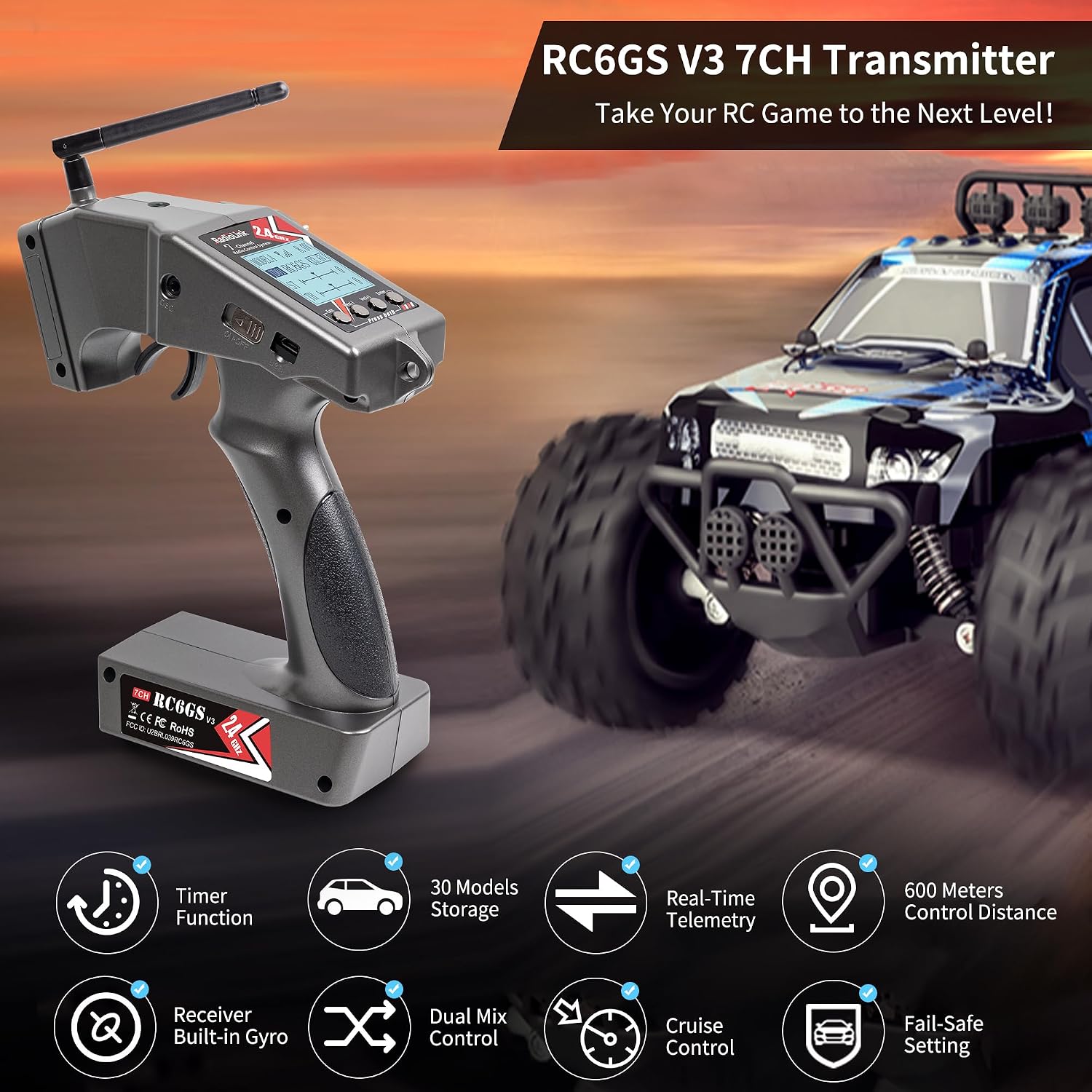 Radiolink RC6GS V3 7 Channels RC Transmitter R7FG&R6FG 2PCS Gyro Receivers | 2.4GHz 600m RC Remote and Receiver Kit