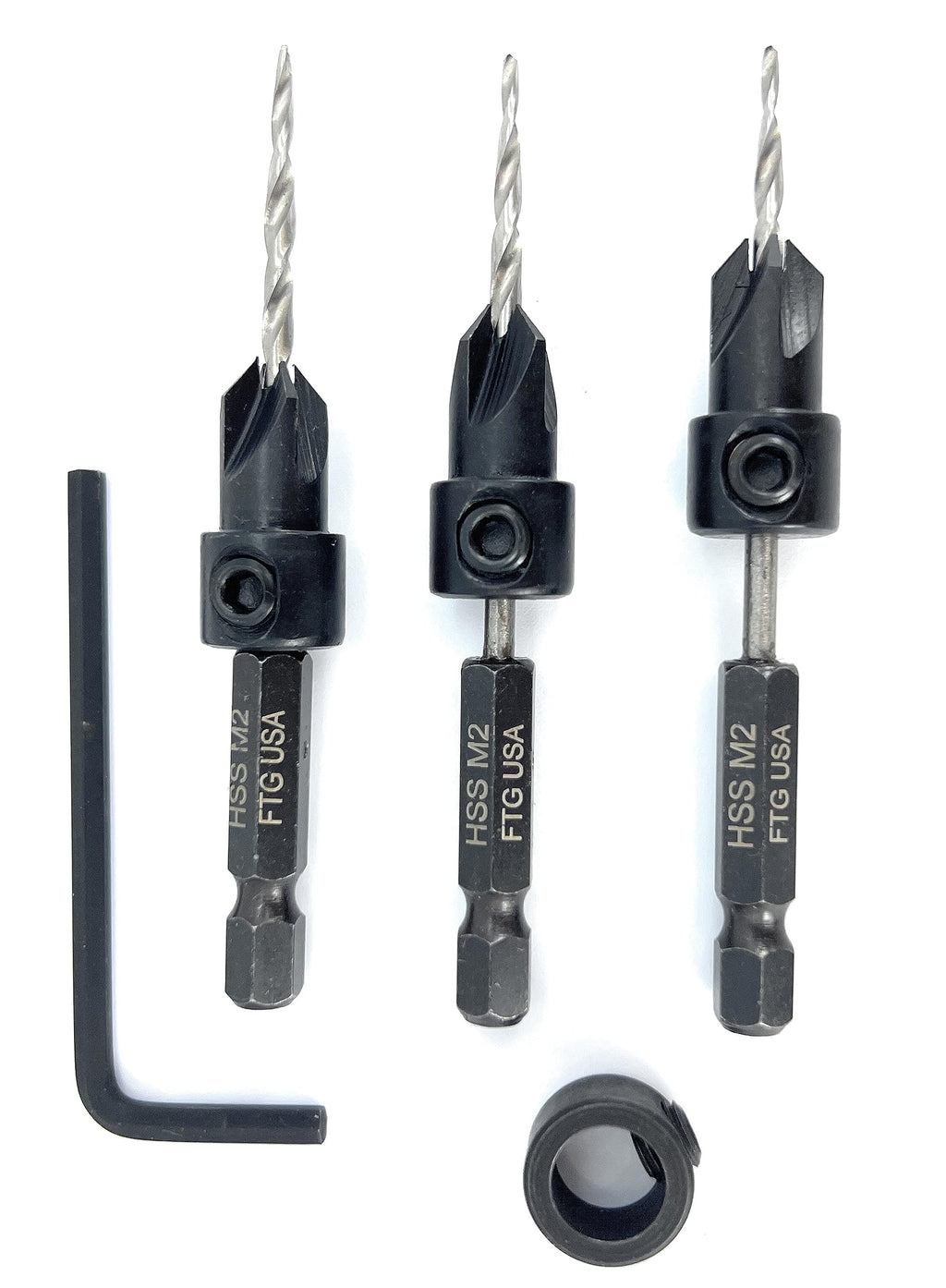 FTG USA 3 Pc #4 (7/64") Countersink Drill Bit Set with Tapered Drill Bits
