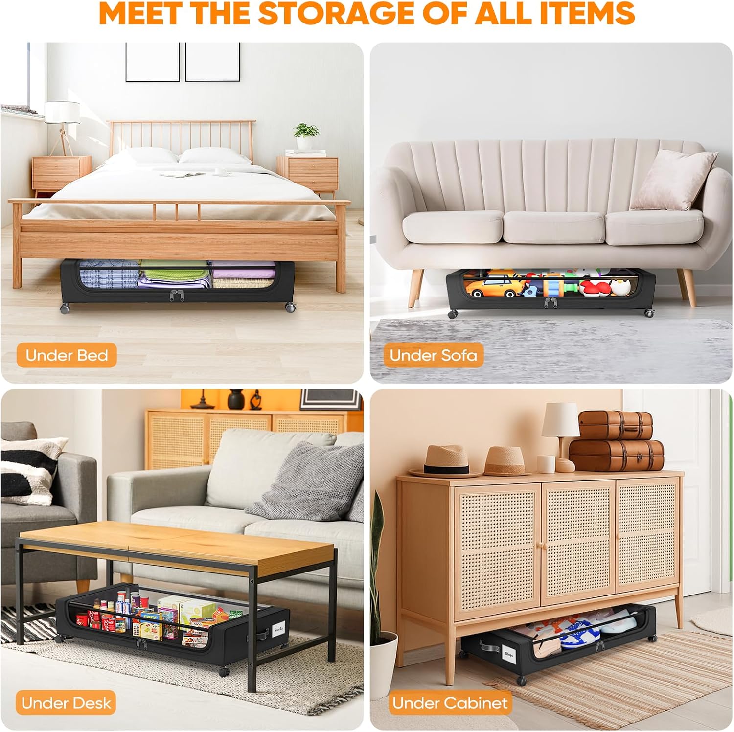 Under Bed Storage with 360° Wheels, 2-Pack, 60L Low-Profile Rolling Underbed Bins for Clothes, Shoes, Toys &