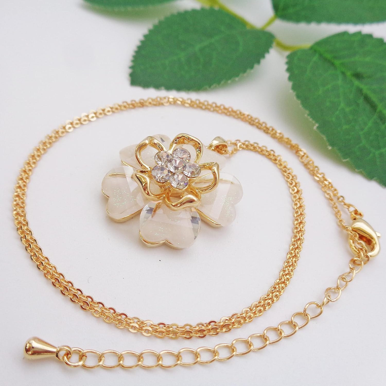 18k Gold Plated White Crystal Multicolor Acetate Blooming Flowers Pendant Necklace 16"+2"
