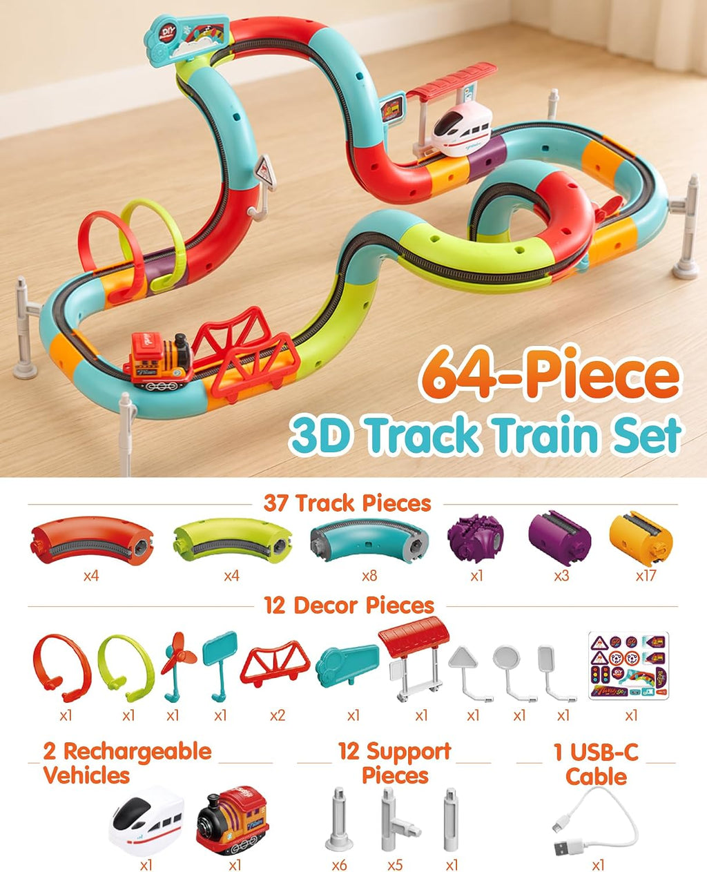 Electric Train Set for Kids Ages 4-8, Flexible Race Track - 64PCs | Dual-rail, Anti-gravity, 2 Trains with Music