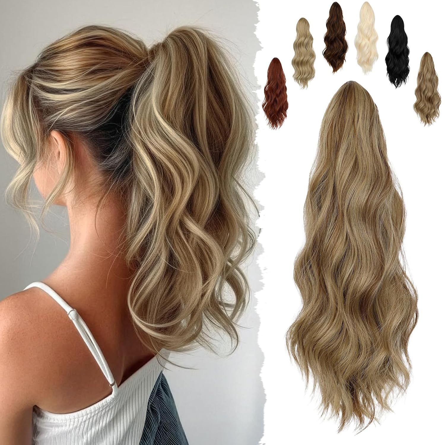 16" Ponytail Extension Long Curly Wavy Ponytails Clip in Claw Hair Extension Pony Tails Natural Looking Synthetic