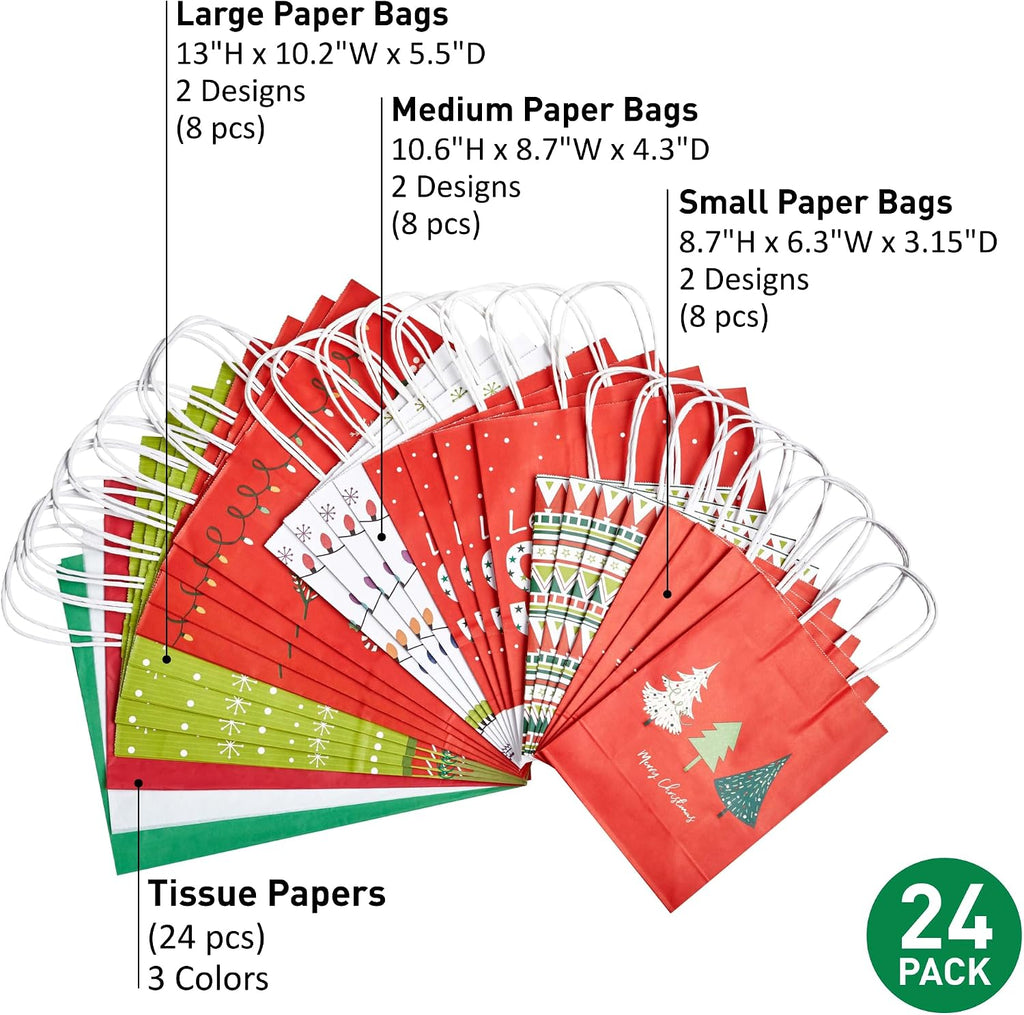 24 Pack Assorted Sizes Christmas Gift Bags Bulk with Tissue Paper